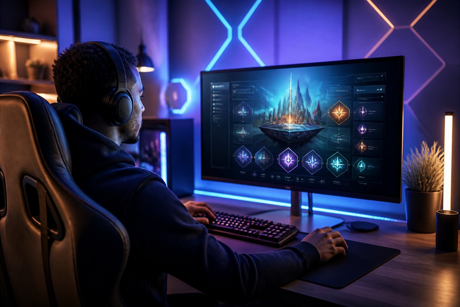Seseorang menggunakan komputer dalam suasana ruang gaming modern dengan cahaya biru dan ungu.
