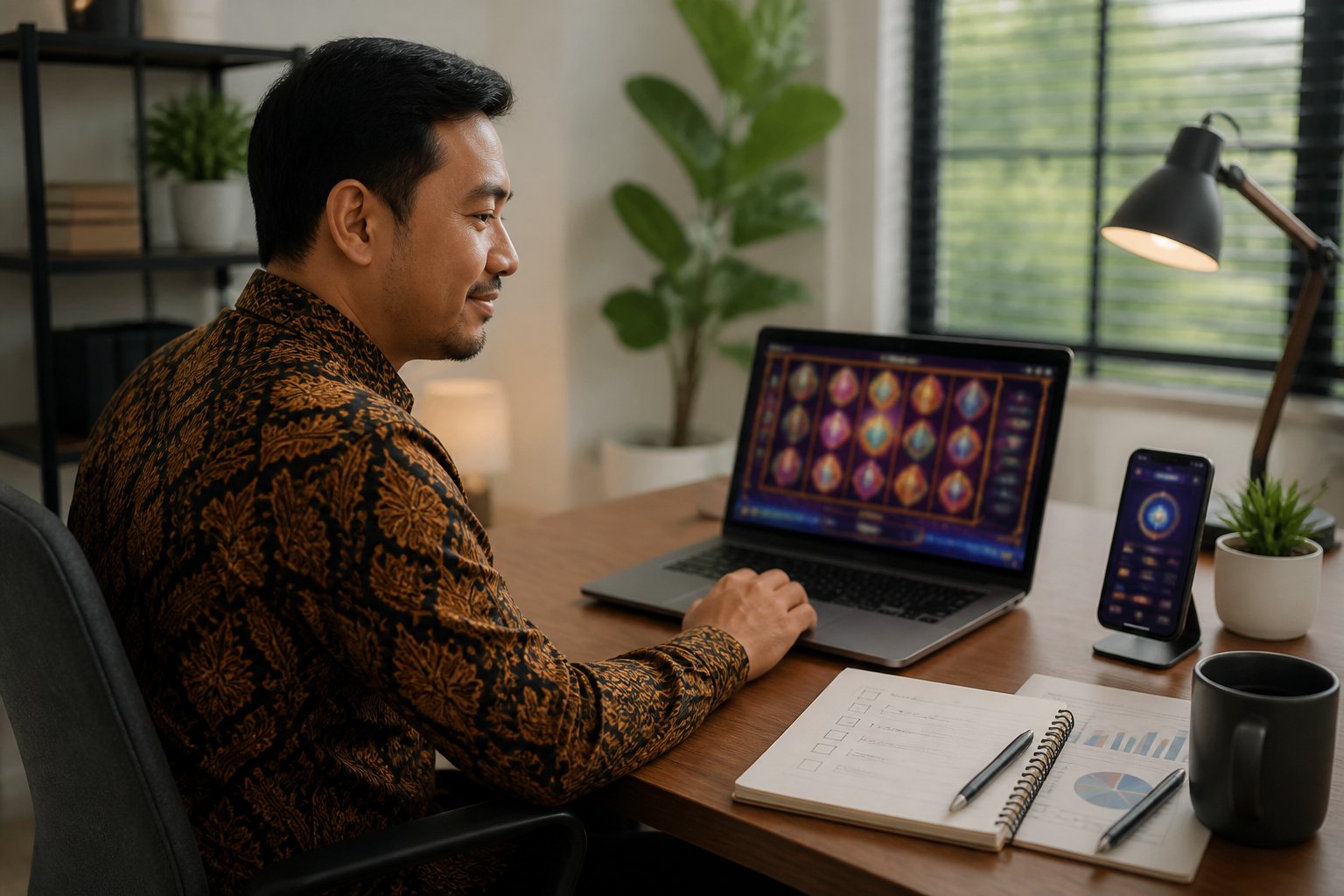 Seorang pemain dewasa menggunakan laptop untuk menjelajahi permainan slot daring di ruang kerja modern.