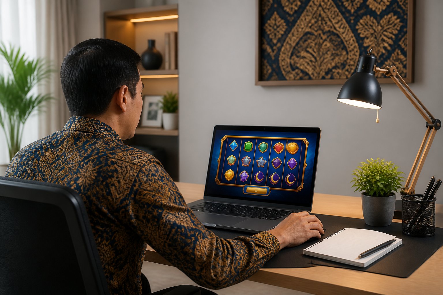Seorang dewasa meninjau permainan slot digital di laptop dalam ruang kerja yang rapi.