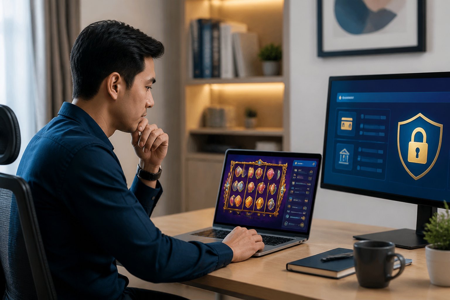 Seorang pemain mempelajari permainan slot digital di laptop dalam ruang kerja modern.