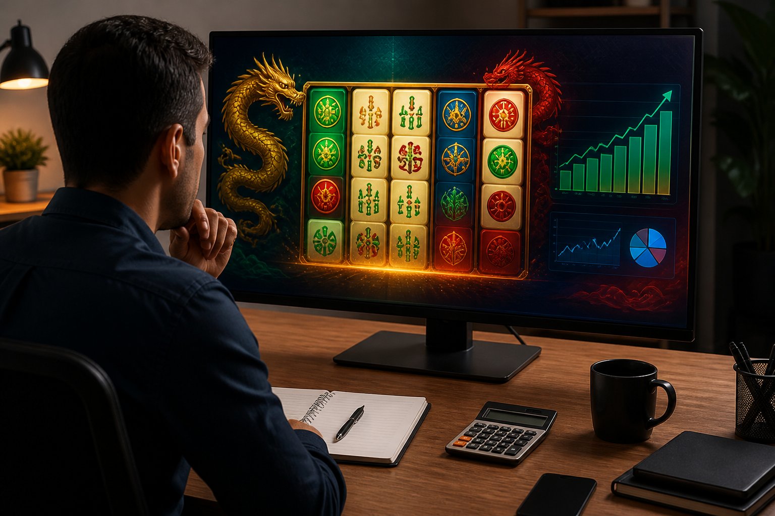 Seorang analis memeriksa tampilan permainan bertema Mahjong dengan grafik pola pada meja kerja modern.