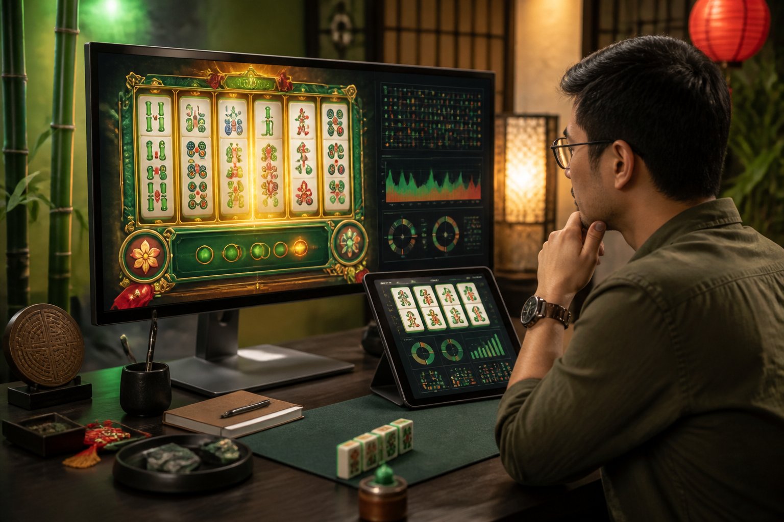 Seorang analis mengamati tampilan permainan bertema Mahjong dan pola visual pada monitor serta tablet di ruang kerja modern.