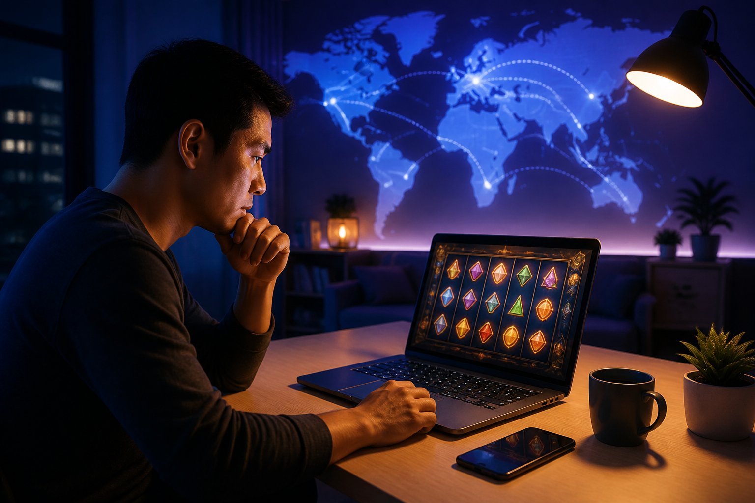 Seorang pemain dewasa menggunakan laptop dengan tampilan permainan slot abstrak di ruangan modern, dengan cahaya peta dunia samar di latar belakang.
