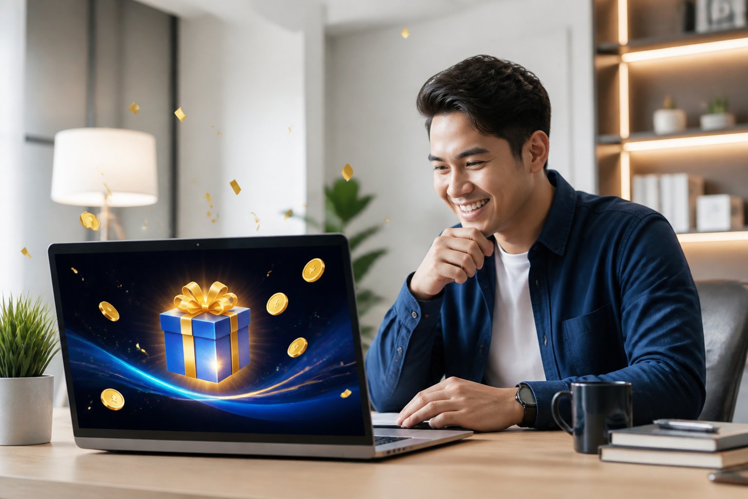 Seorang dewasa tersenyum melihat laptop dengan ikon hadiah, dihiasi konfeti dan pencahayaan biru keemasan.