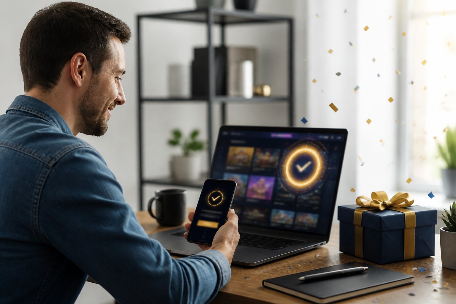 Seorang pengguna sedang menggunakan laptop dengan hadiah sambutan dan elemen perayaan di meja kerja.