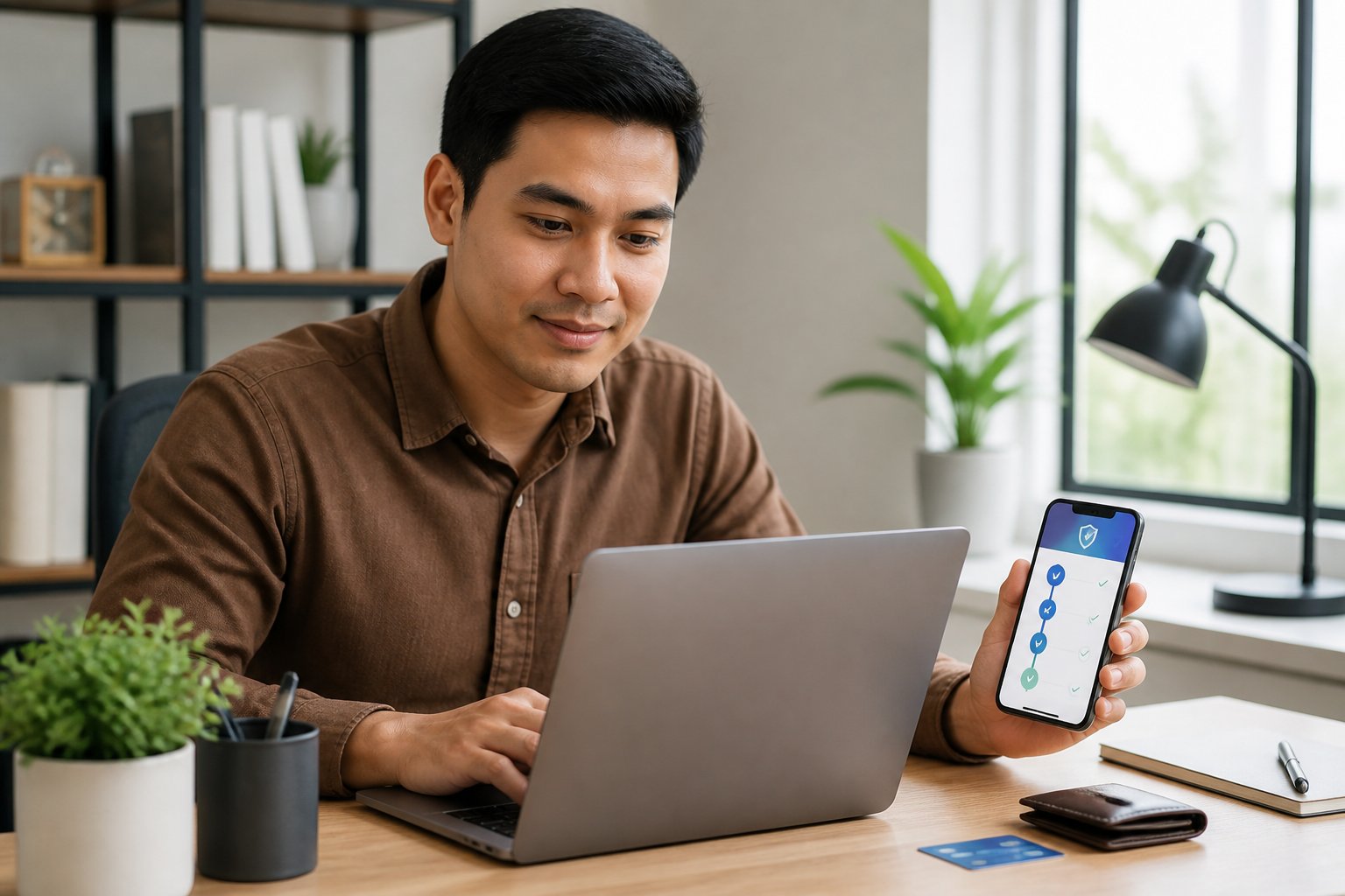 Seseorang menyelesaikan pendaftaran dan setoran pertama melalui laptop dan ponsel di ruang kerja modern.