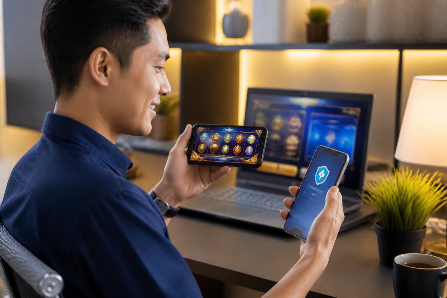Seseorang menggunakan ponsel dengan tampilan permainan digital abstrak di meja kerja, ditemani perangkat lain dan suasana pembayaran digital.