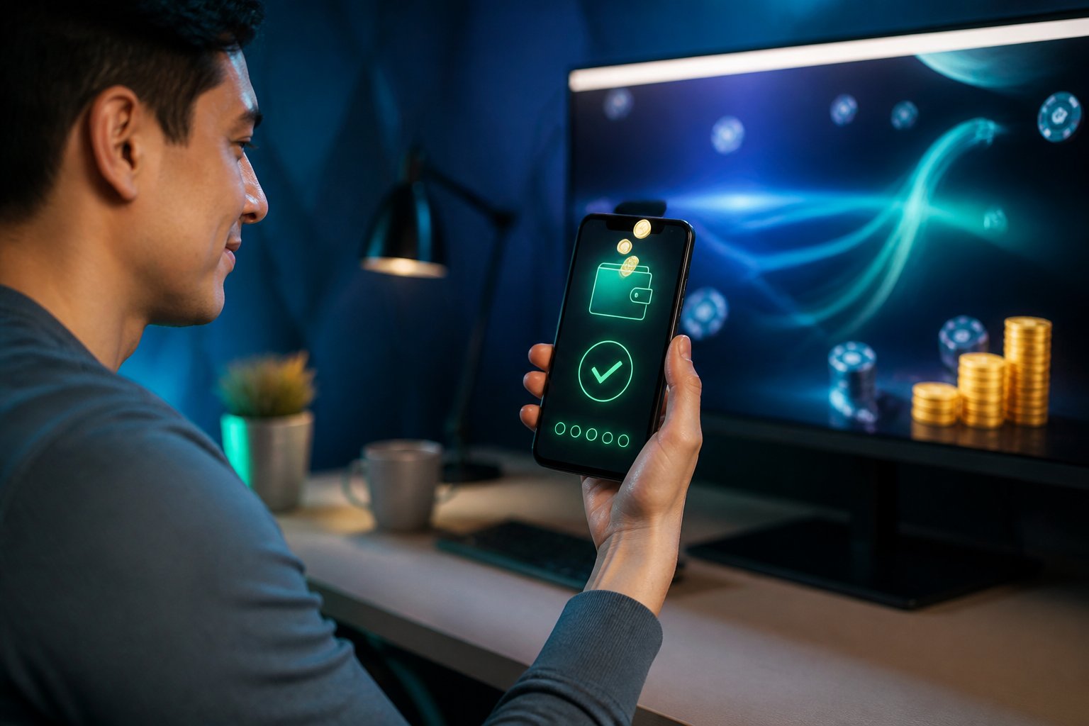 Seseorang menggunakan ponsel untuk melakukan deposit digital dengan latar suasana teknologi modern.