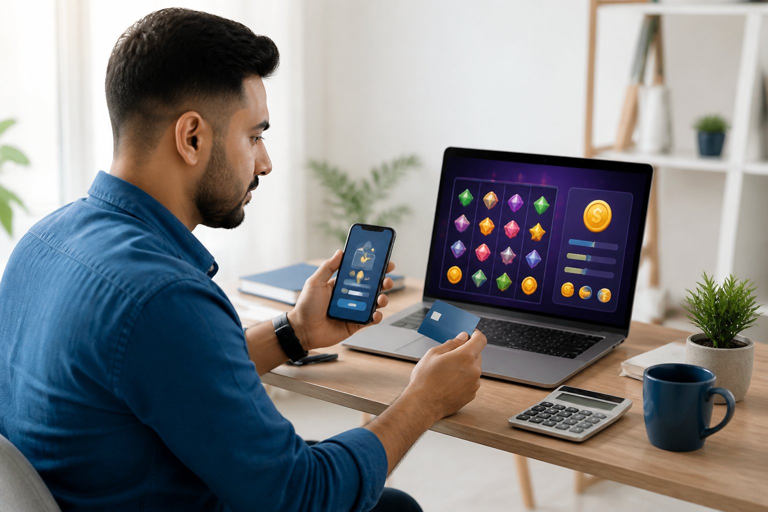 Orang dewasa memeriksa saldo dan rincian transaksi digital melalui laptop dan ponsel sebelum bertransaksi.