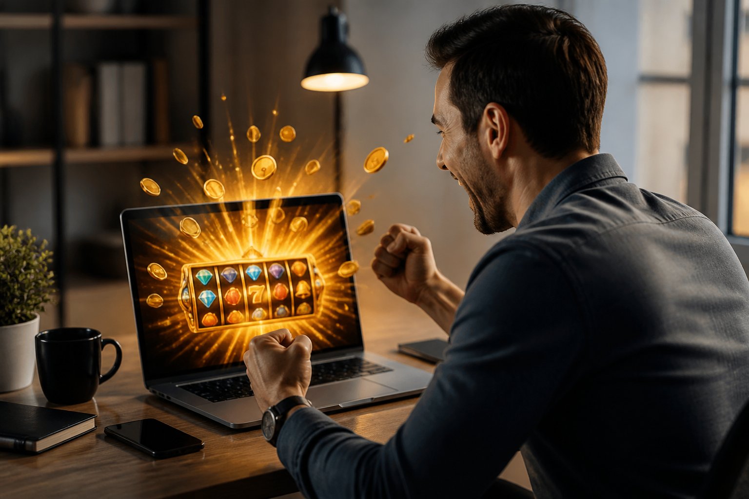 Seseorang melihat laptop dengan visual permainan slot bercahaya sambil merayakan kemenangan dengan koin emas dan kilauan cahaya.