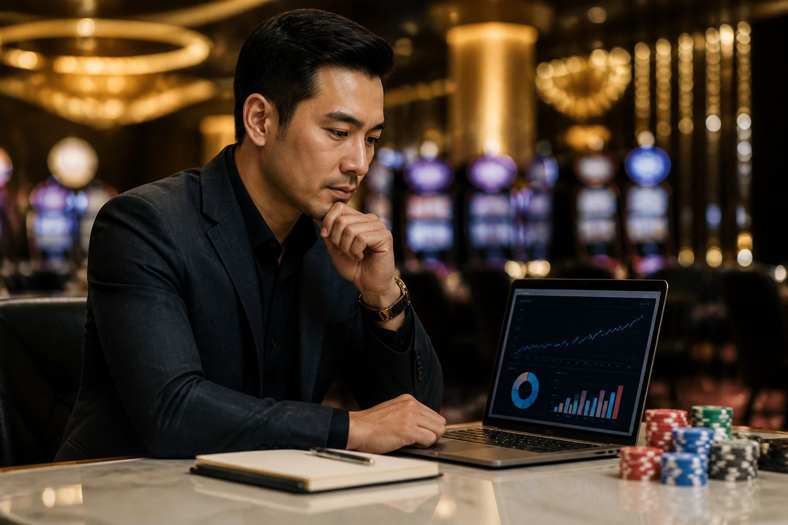 Seseorang meninjau grafik peluang di laptop dalam suasana kasino modern dengan ekspresi penuh pertimbangan.