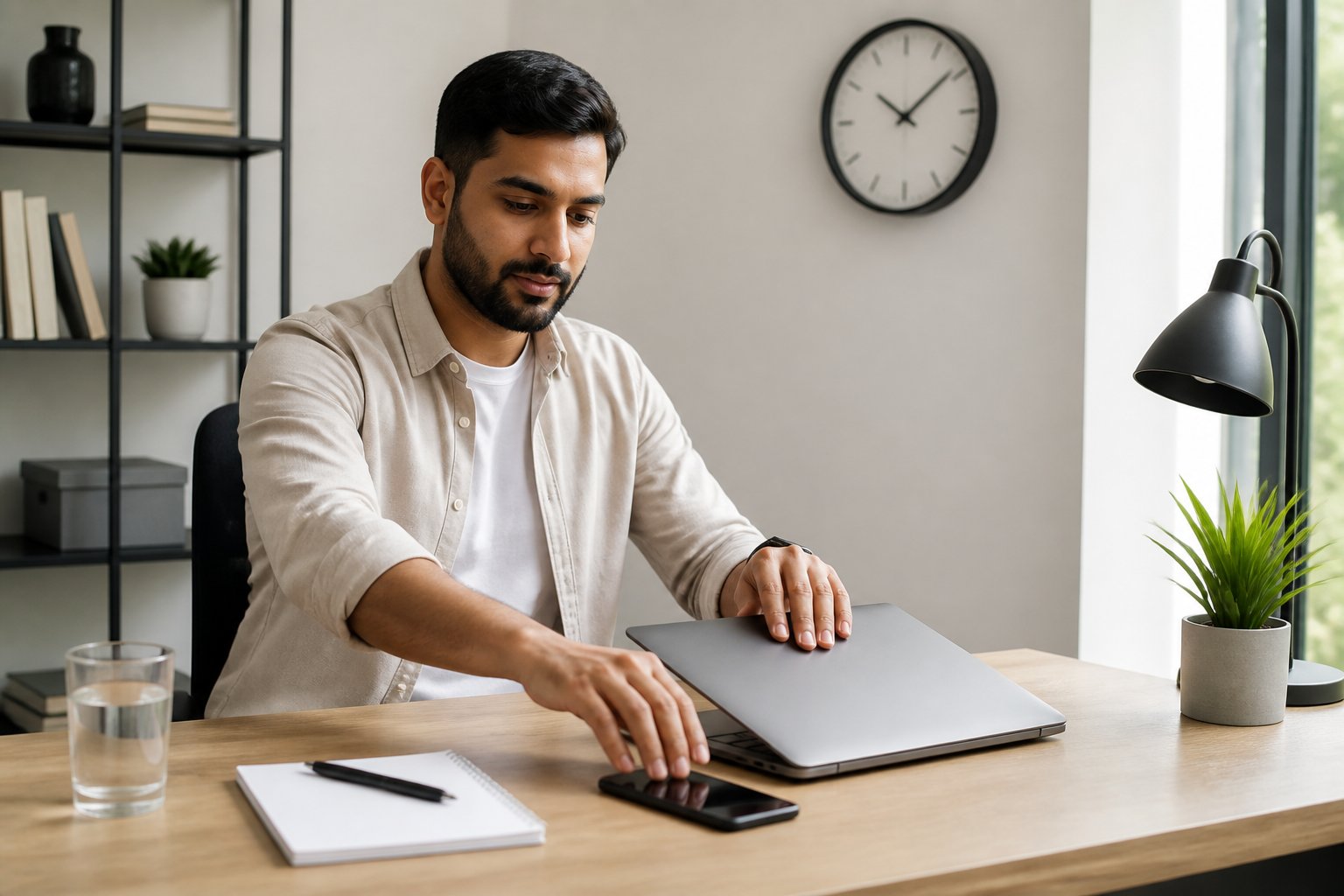 Seorang dewasa menutup laptop dan meletakkan ponsel untuk membatasi aktivitas perjudian daring.