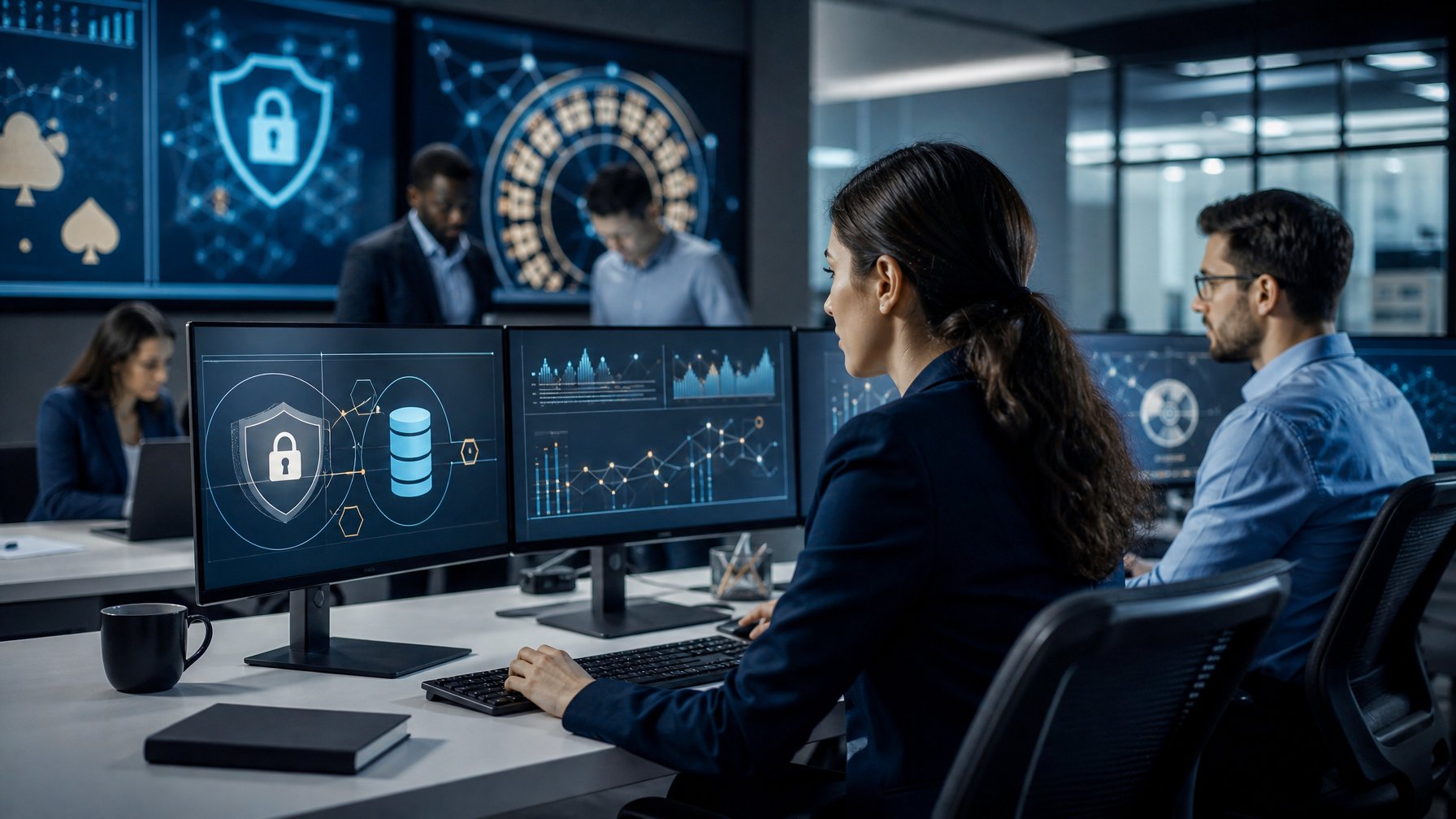 Tim analis keamanan memeriksa data anggota anonim dan sistem perlindungan digital di ruang kerja modern.