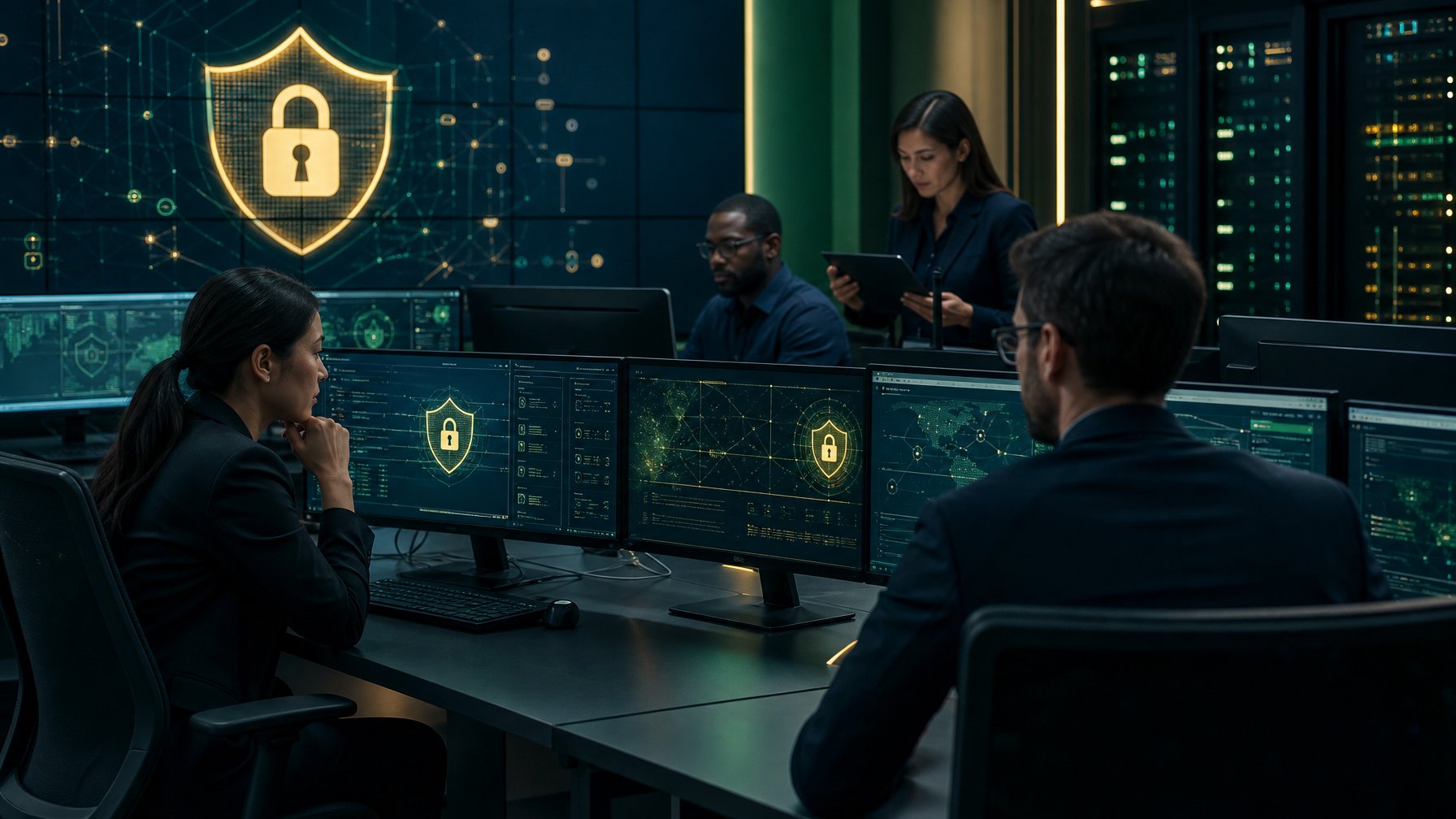 Tim keamanan siber memantau perlindungan data anggota pada lingkungan teknologi yang aman.
