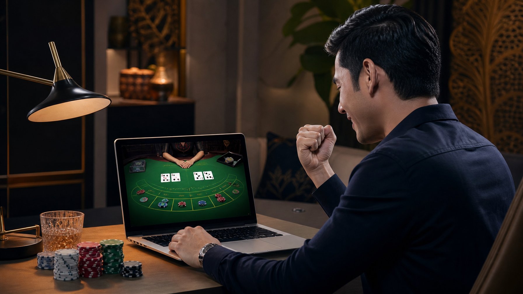 Seorang pemain dewasa menikmati permainan baccarat daring di laptop dalam suasana ruangan yang elegan.
