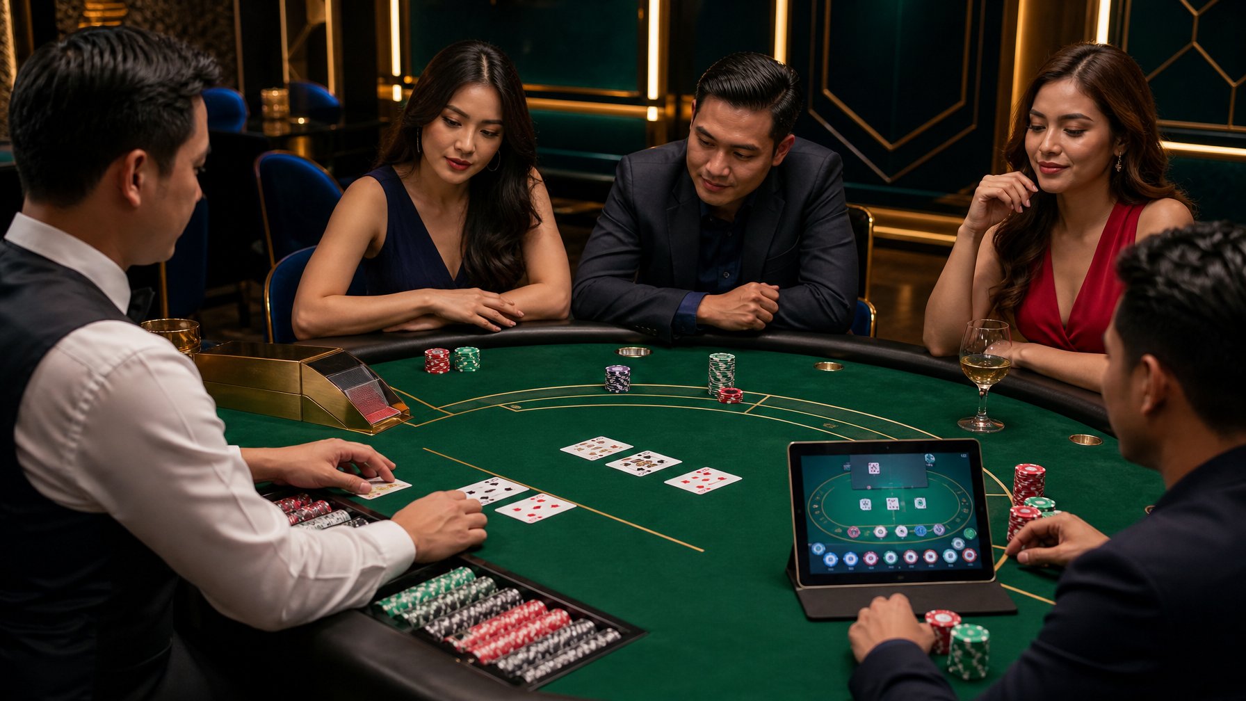 Pemain dan dealer menikmati permainan baccarat di meja kasino dengan kartu dan keping taruhan.