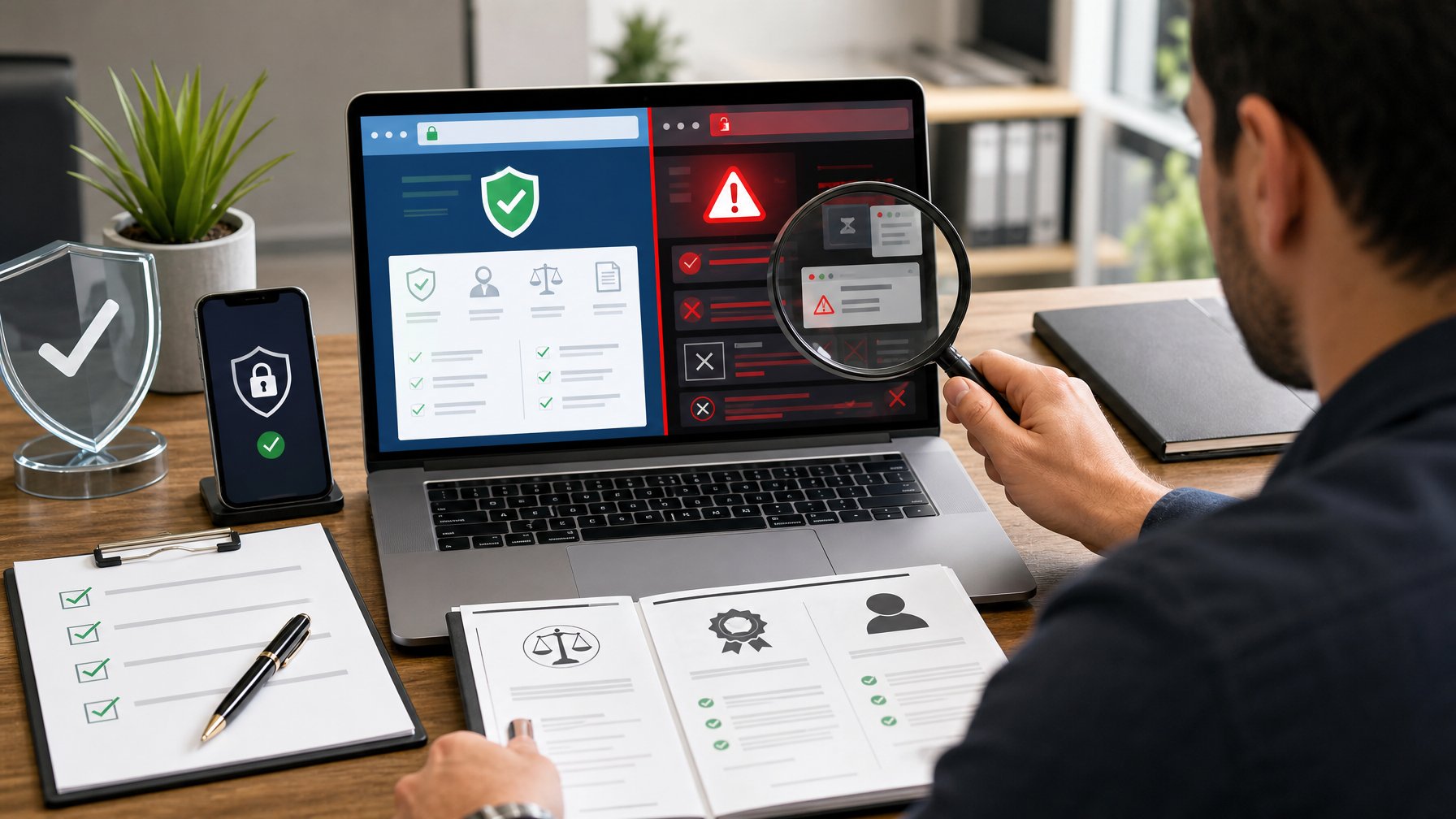 Seseorang membandingkan tampilan situs kasino daring yang aman dan mencurigakan di laptop dengan bantuan simbol keamanan dan dokumen verifikasi.