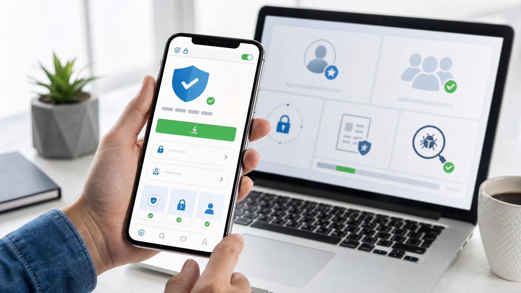 Seseorang memeriksa keamanan platform aplikasi pada ponsel di ruang kerja yang terang.