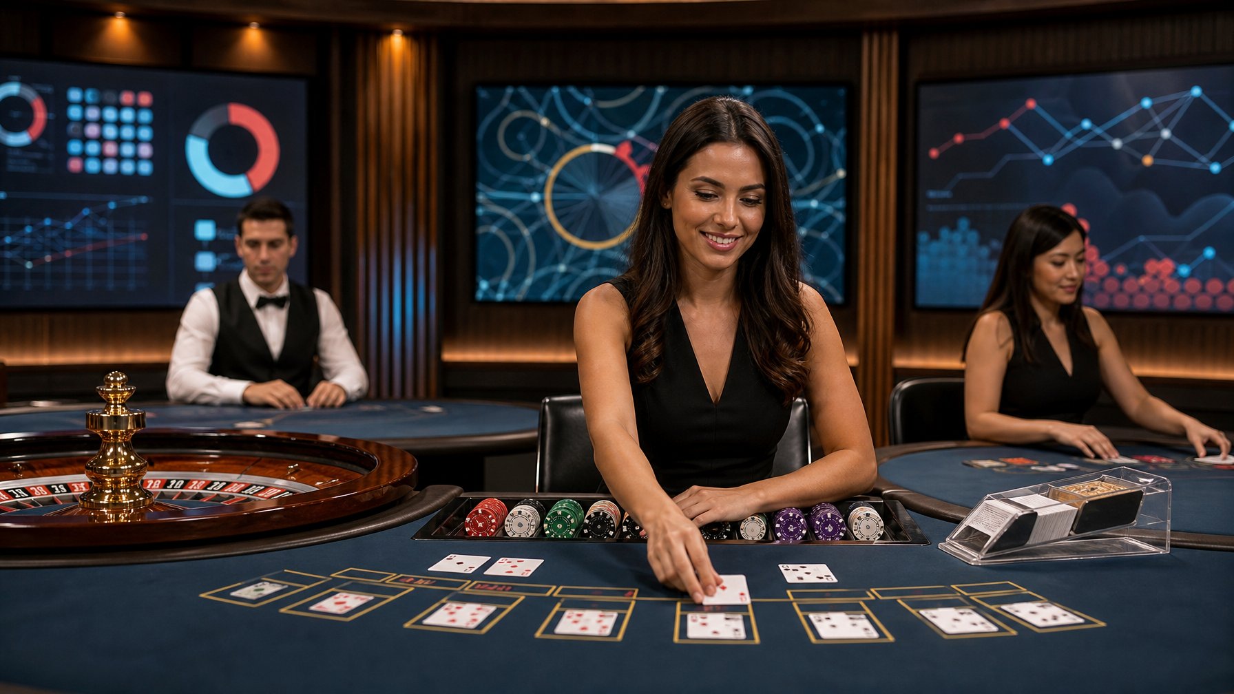 Dealer profesional memandu permainan kartu dan roulette di studio kasino live dengan tampilan analisis permainan di latar belakang.