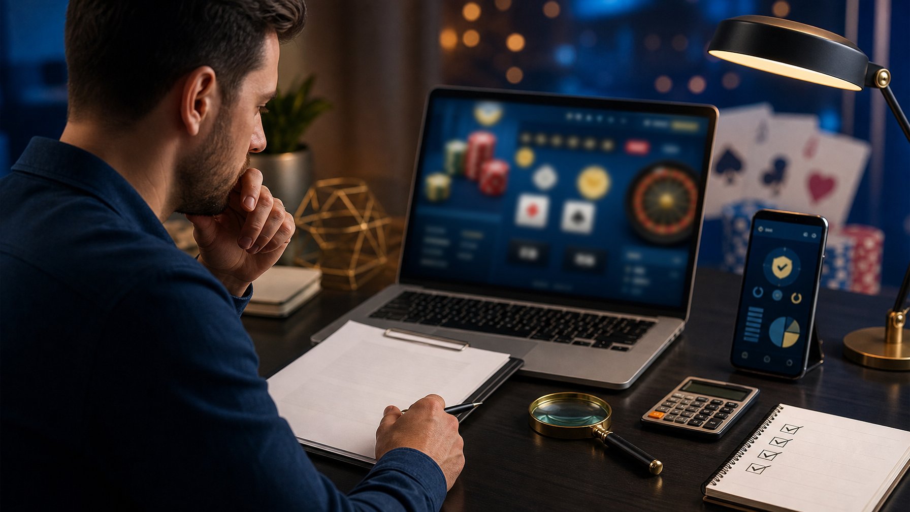 Seseorang memeriksa informasi bonus kasino online menggunakan laptop, dokumen kosong, kalkulator, dan kaca pembesar di meja kerja.