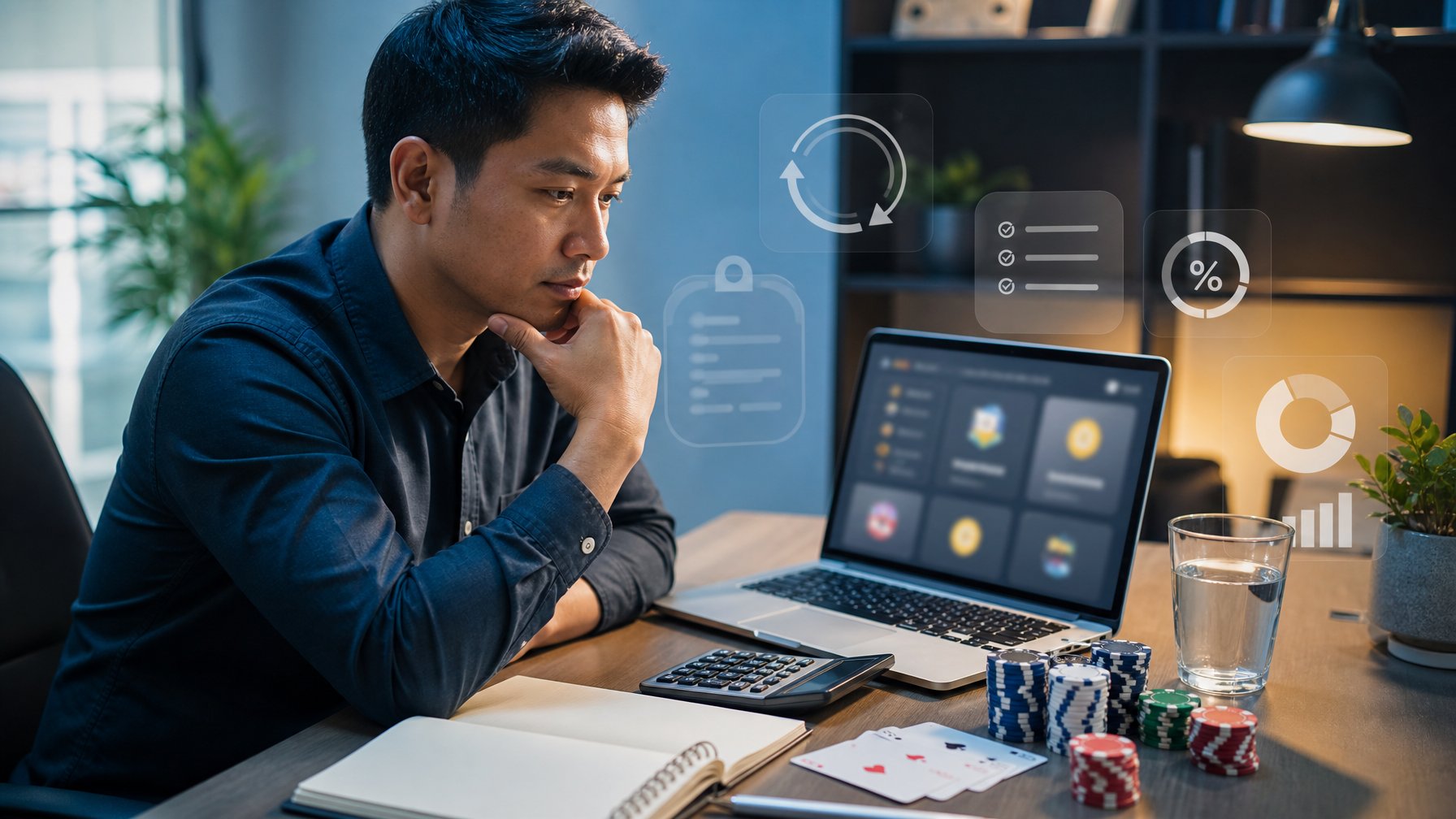 Seorang profesional meninjau laptop, kalkulator, kartu, dan keping poker untuk memahami ketentuan bonus serta turnover kasino online.
