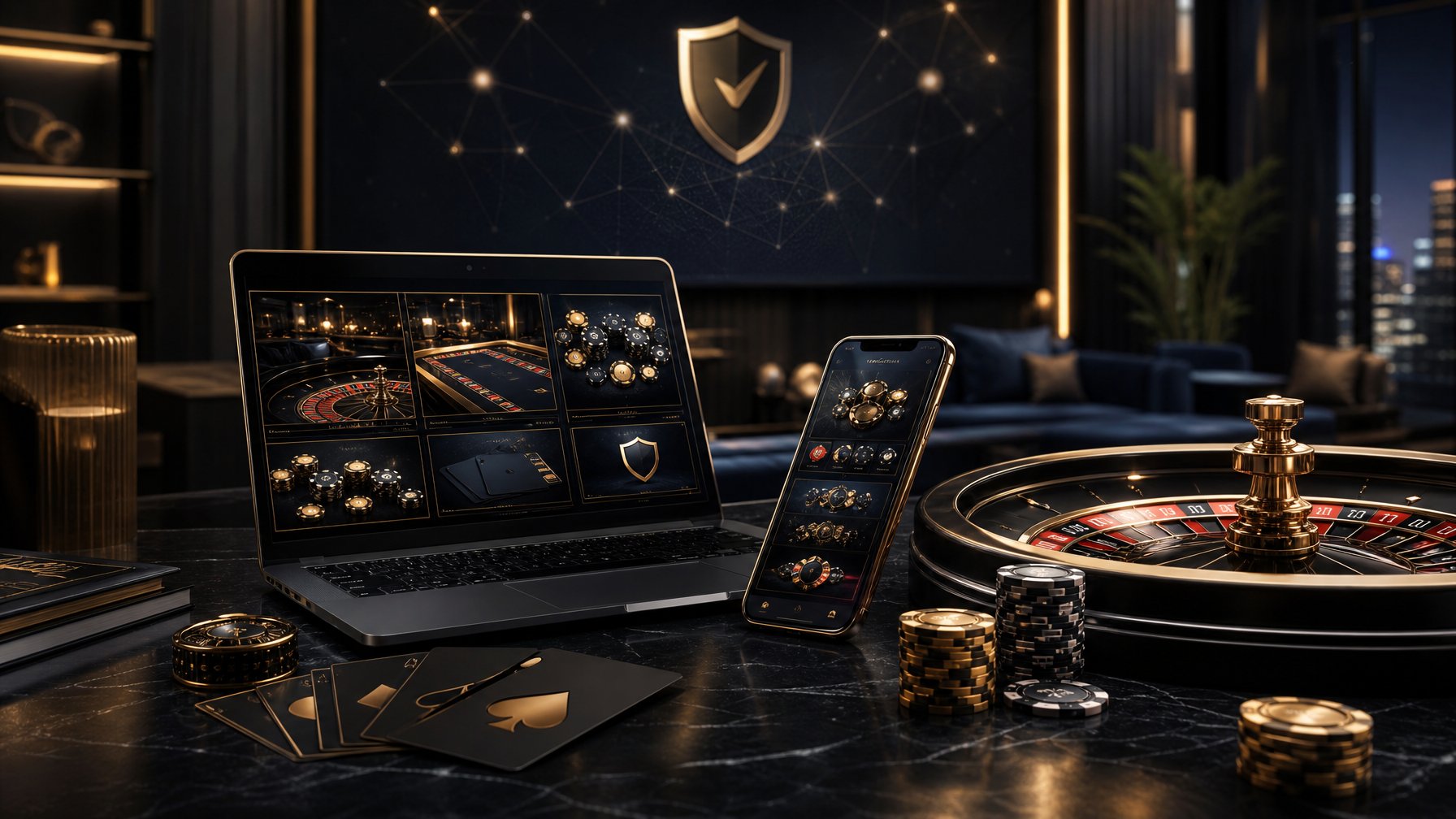 Laptop dan ponsel menampilkan platform kasino online dengan kartu, keping poker, dan roda roulette di ruang permainan modern.