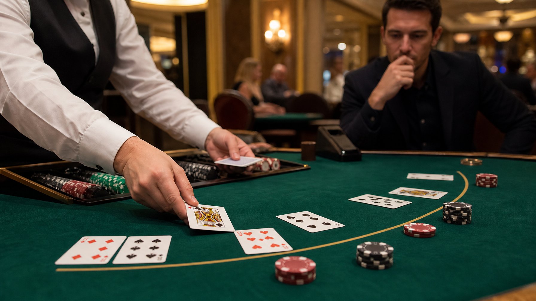 Pemain dan dealer bermain blackjack dengan kartu serta keping taruhan di meja kasino.