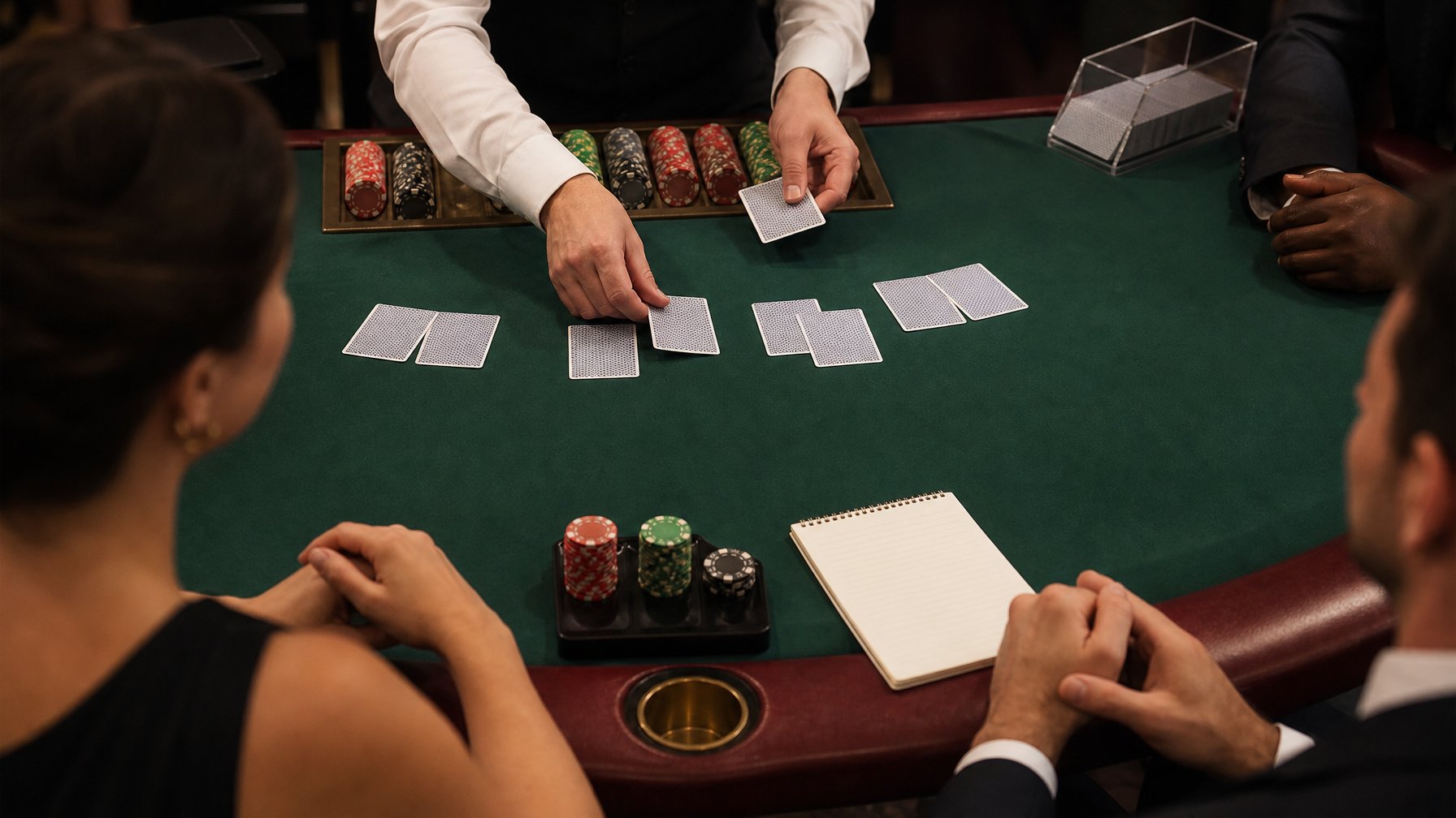 Tangan dealer menata kartu dan chip di meja blackjack dalam suasana kasino yang rapi.