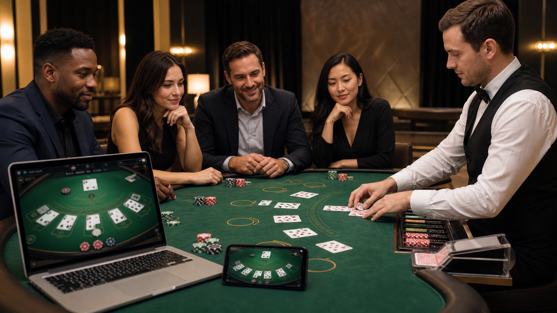 Suasana permainan blackjack modern dengan kartu, keping taruhan, dealer, dan pemain dewasa.