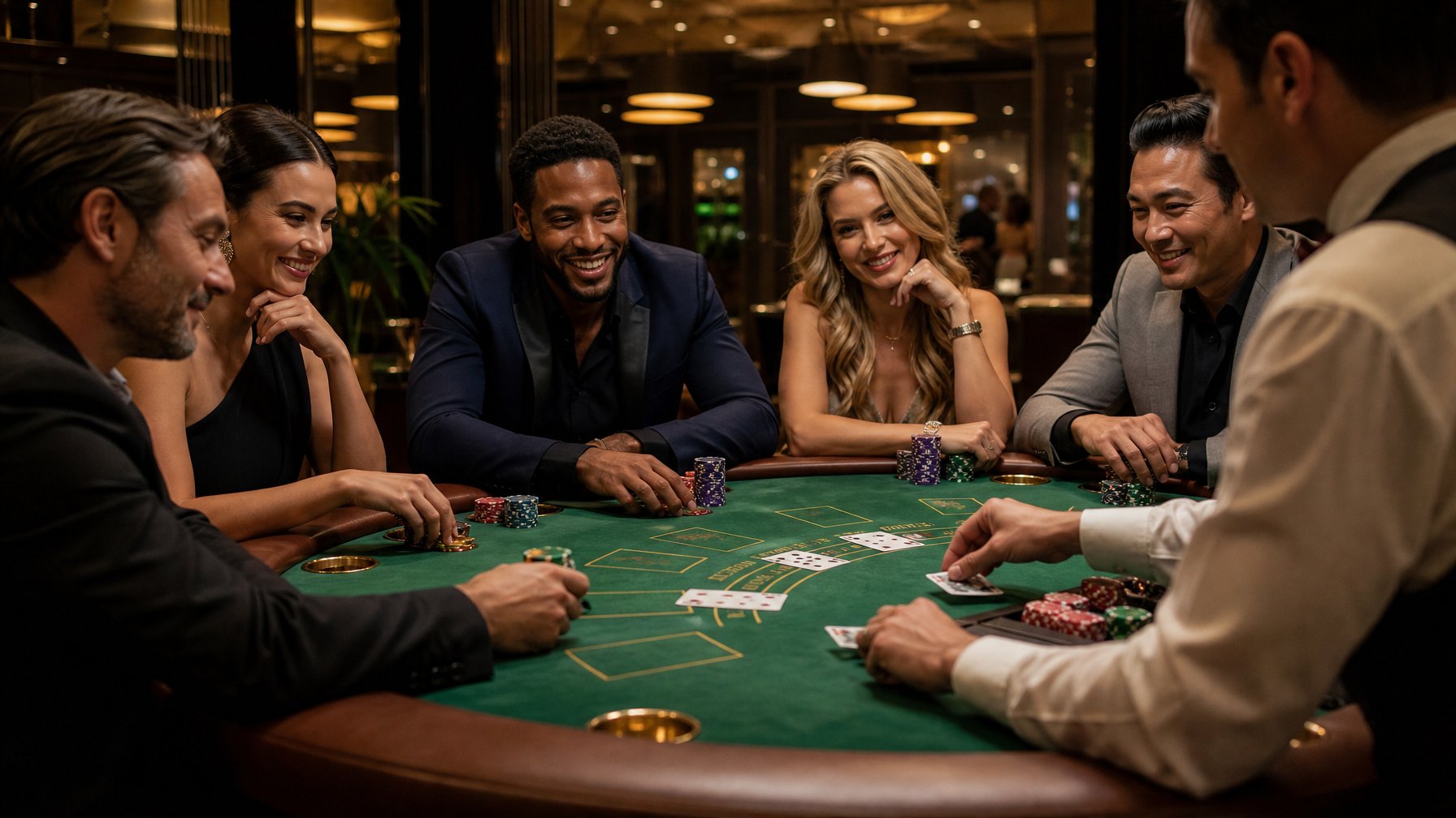 Pemain dewasa menikmati permainan blackjack di meja kasino dengan kartu dan keping taruhan.