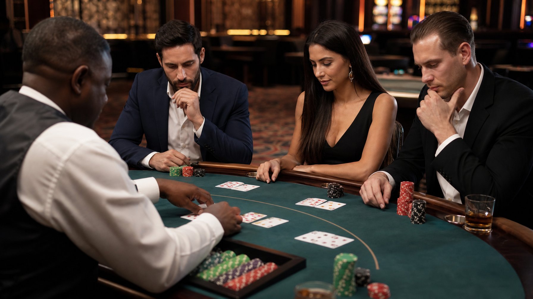 Pemain dan bandar menganalisis kartu serta chip di meja blackjack kasino.