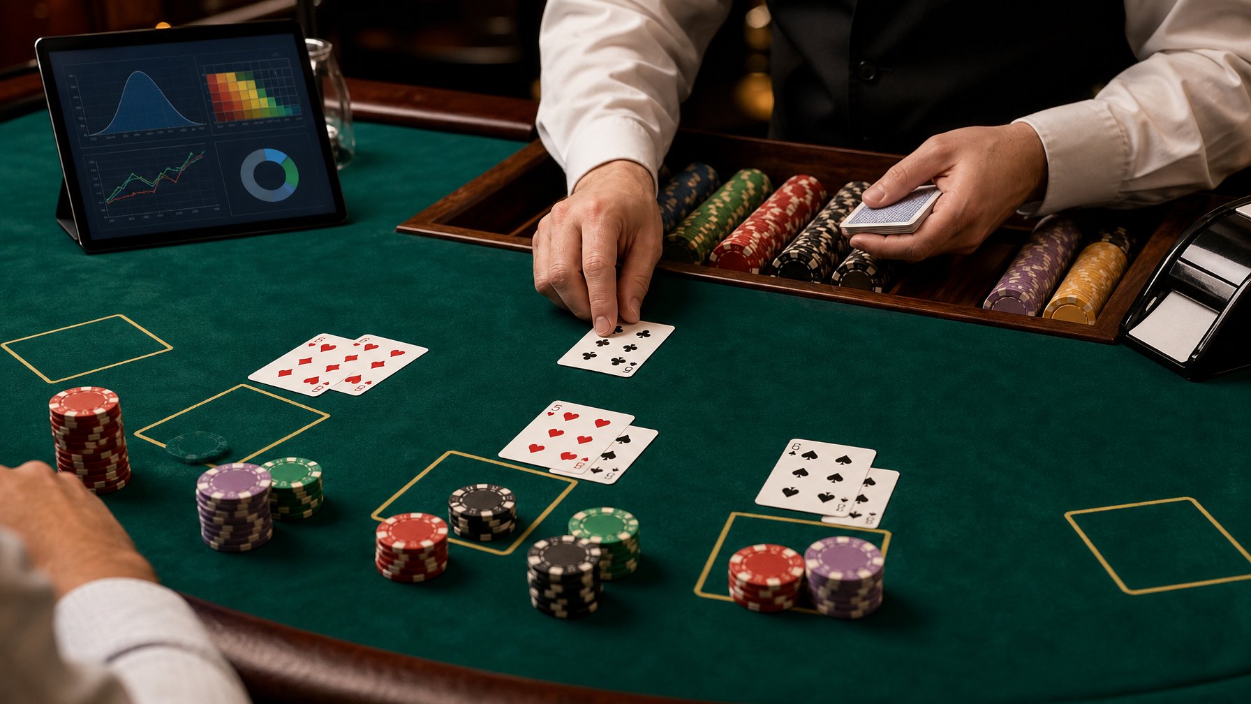 Meja blackjack dengan kartu, keping taruhan, dan perangkat yang menampilkan grafik peluang.