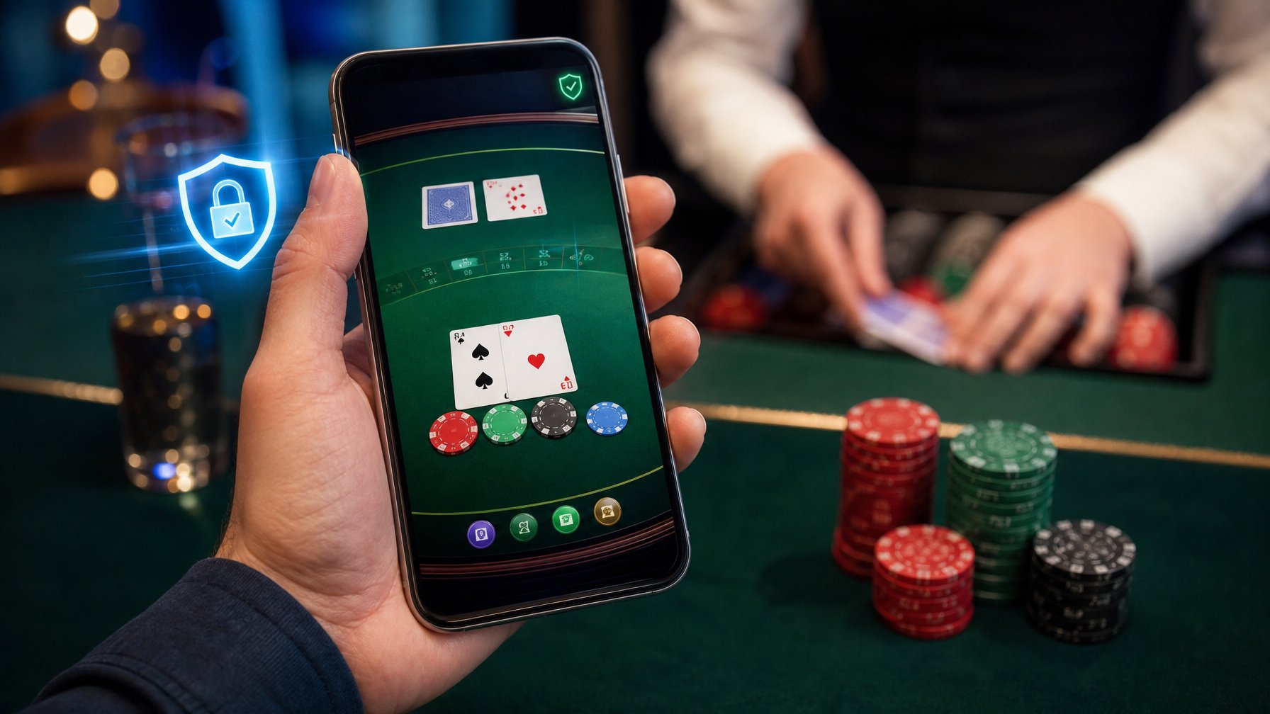 Tangan memegang ponsel yang menampilkan permainan blackjack dengan kartu dan keping kasino di atas meja.