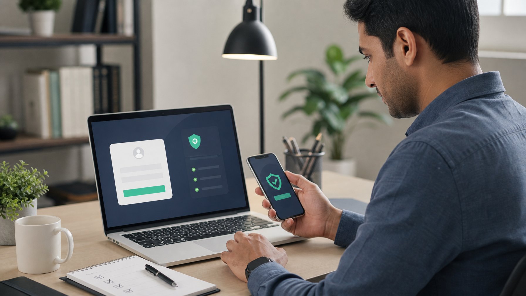 Seseorang memeriksa akses akun di laptop sambil menggunakan ponsel di meja kerja.