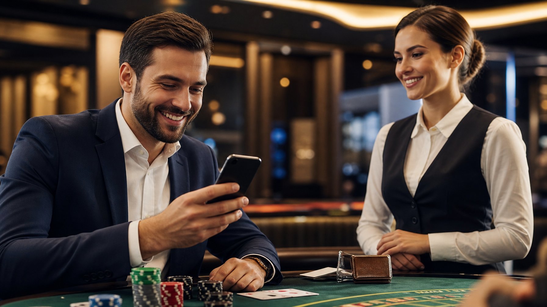 Pelanggan memeriksa penarikan dana digital di meja blackjack dengan bantuan staf kasino.