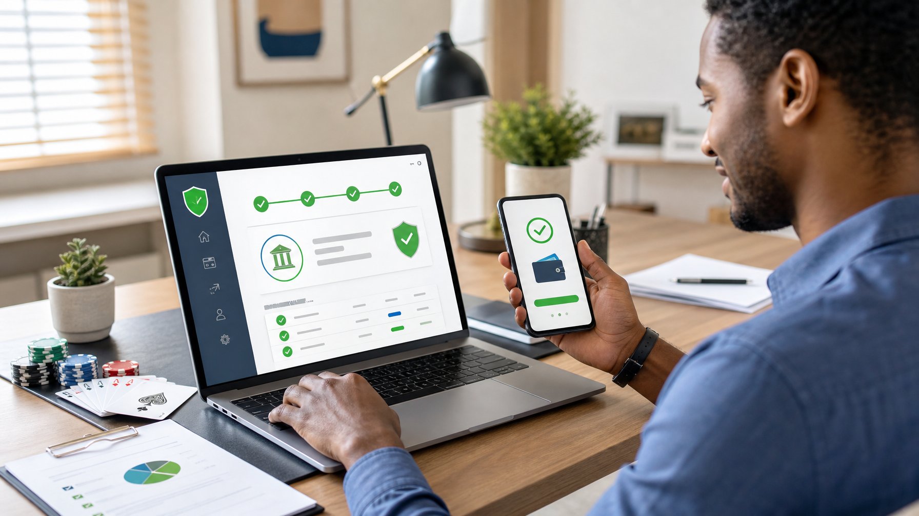 Seseorang memeriksa konfirmasi penarikan dana digital di laptop dengan kartu dan keping blackjack di meja.