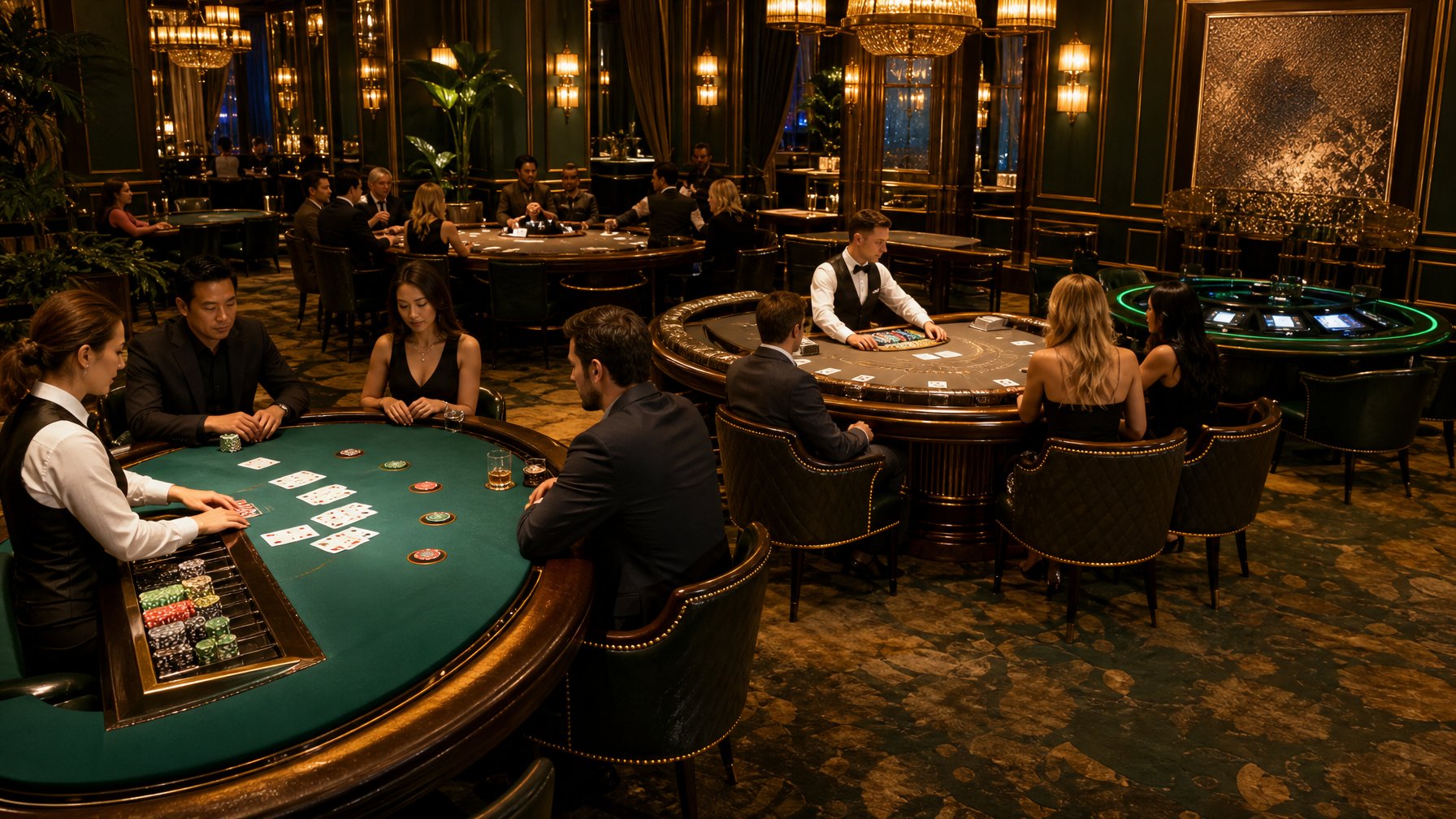 Suasana kasino elegan dengan beberapa meja blackjack, kartu, dan keping taruhan yang tertata rapi.