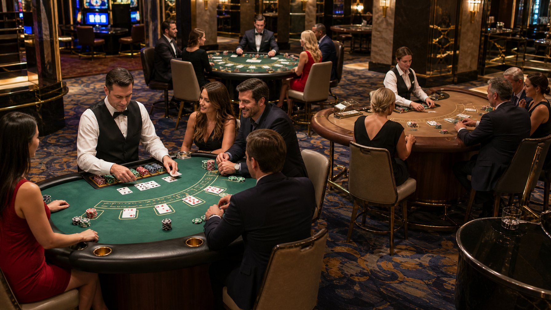 Beberapa meja blackjack dengan kartu dan chip tersusun di dalam kasino elegan.