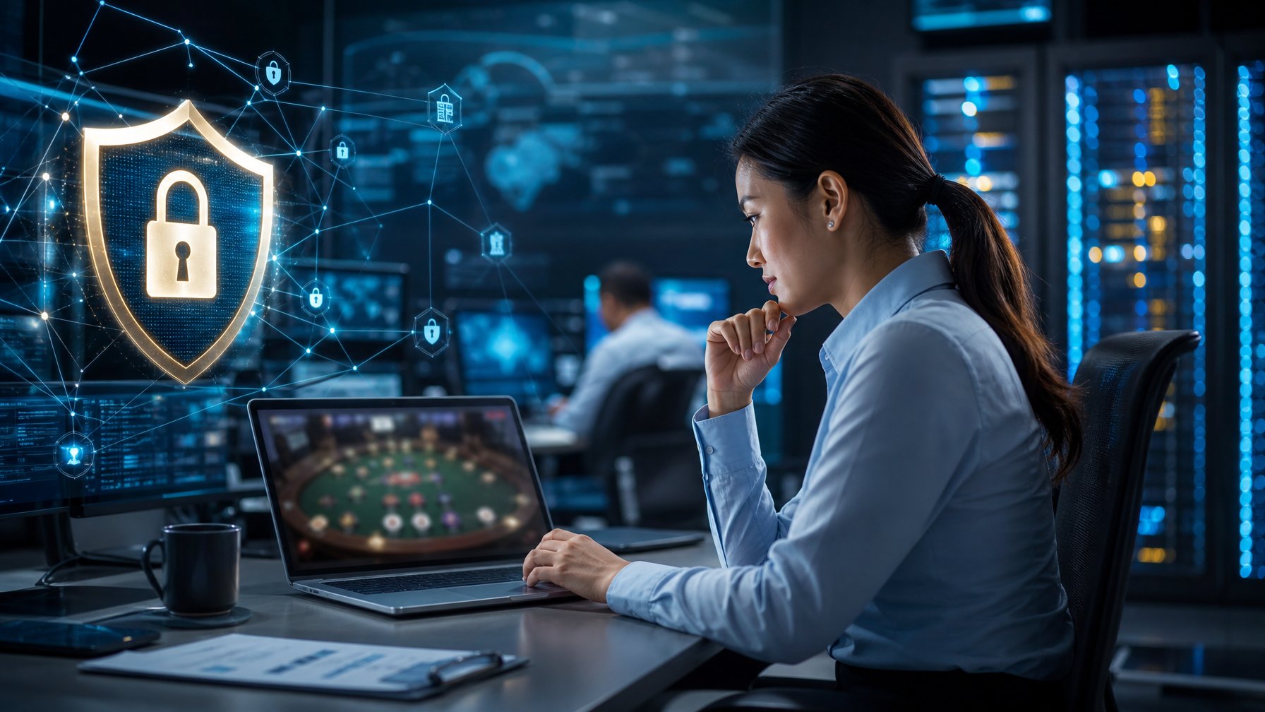 Analis keamanan memantau laptop dengan simbol perlindungan data dan server aman di ruang kerja modern.