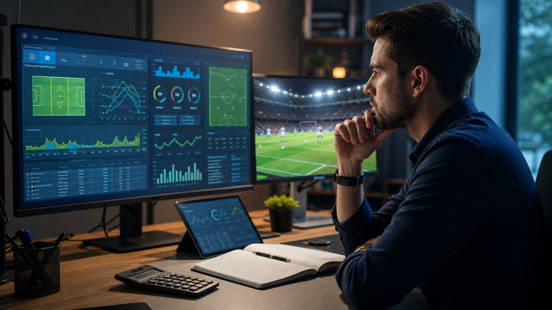 Seorang analis mempelajari statistik pertandingan sepak bola di ruang kerja modern dengan layar yang menampilkan grafik dan suasana stadion.
