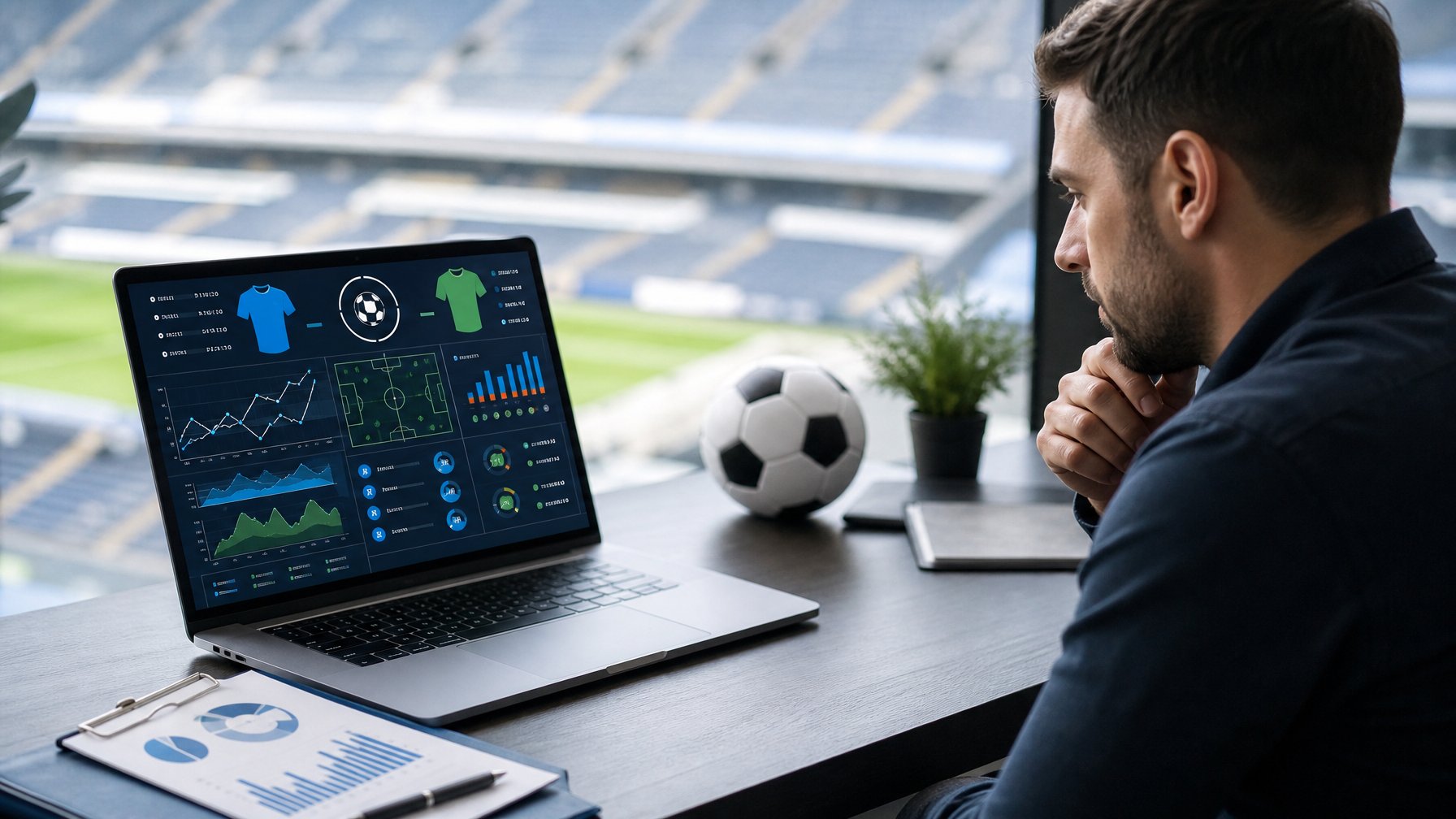Seorang analis meninjau data statistik pertandingan sepak bola di ruang kerja modern.