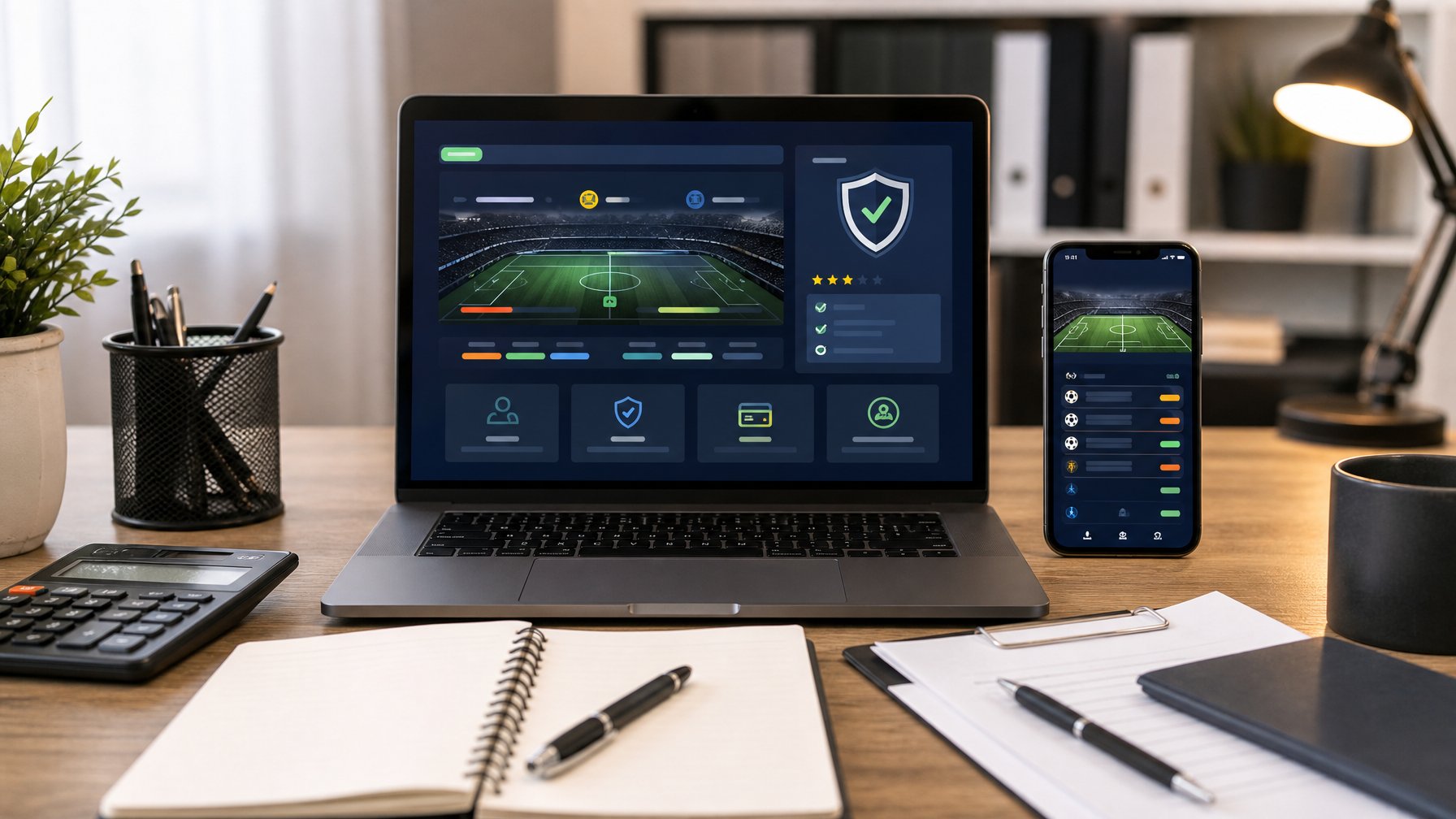 Meja kerja dengan laptop dan ponsel yang menampilkan analisis pertandingan sepak bola serta simbol keamanan.