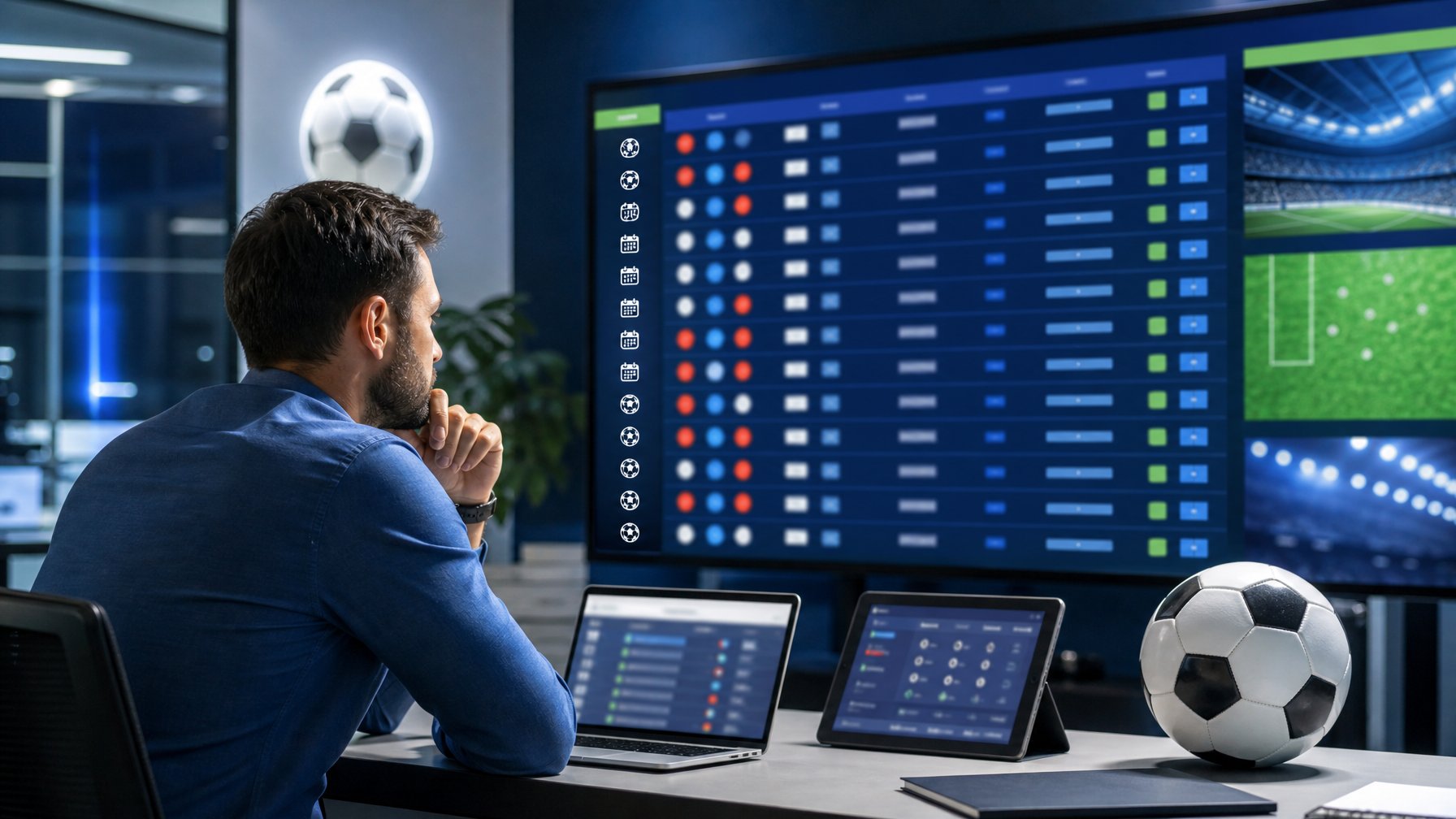 Analis olahraga meninjau jadwal pertandingan sepak bola pada beberapa perangkat digital di meja kerja.