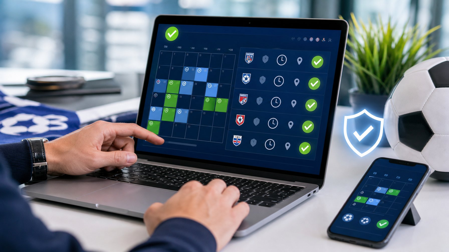 Meja kerja modern dengan laptop dan ponsel yang menampilkan kalender pertandingan sepak bola, disertai bola dan simbol verifikasi.