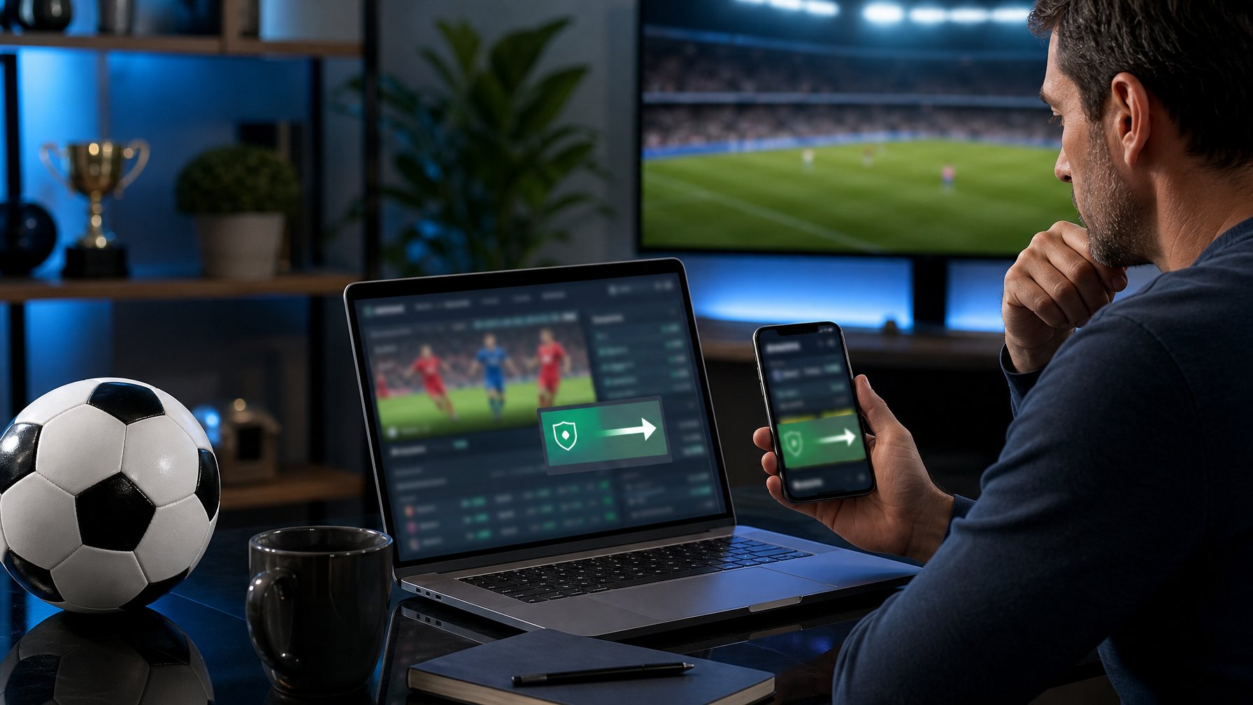 Seseorang meninjau platform taruhan olahraga dengan fitur pencairan dana di laptop dan ponsel, ditemani bola sepak di meja.