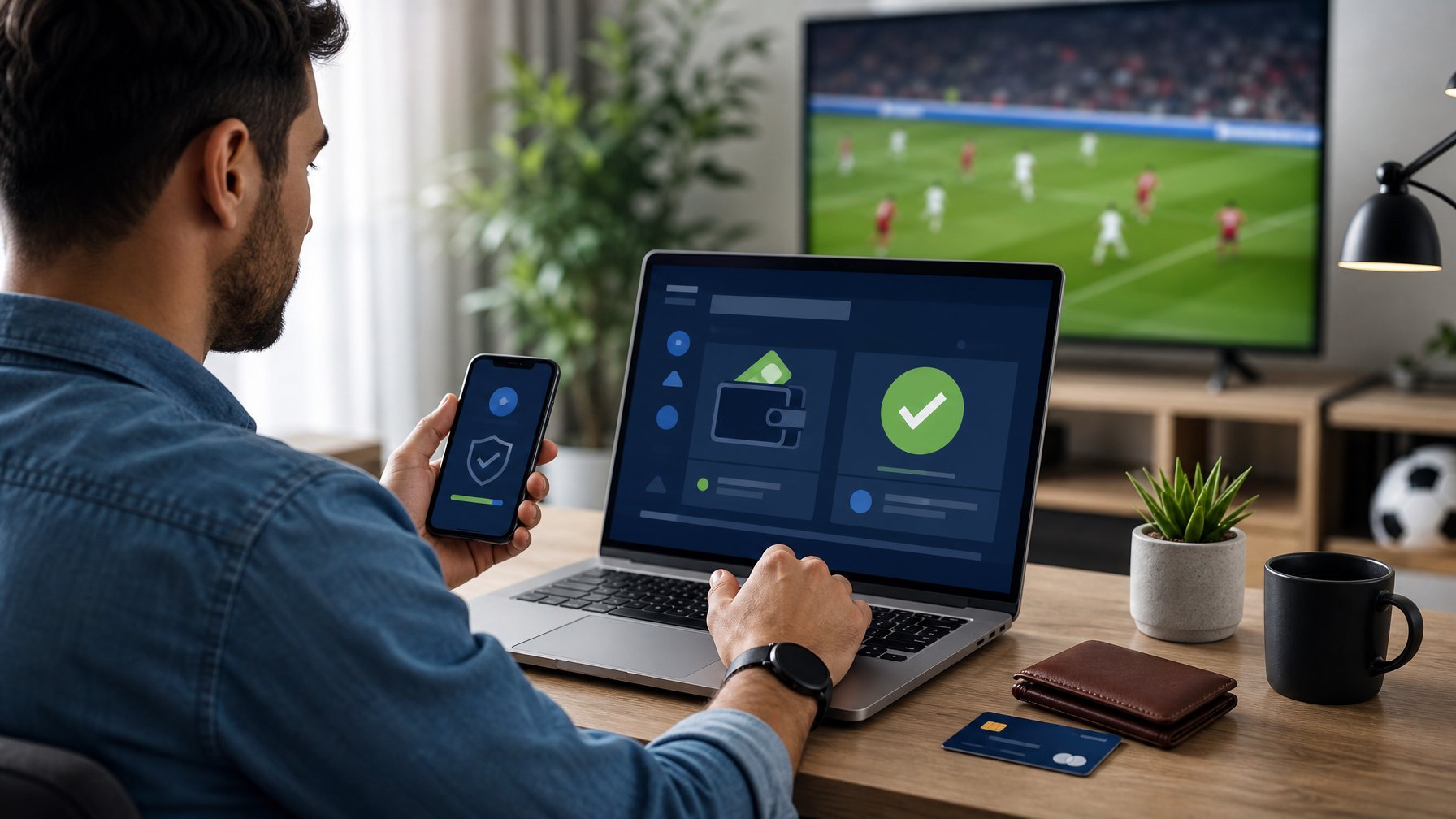 Seseorang menggunakan laptop dan ponsel untuk memantau pertandingan sepak bola serta proses transaksi digital.