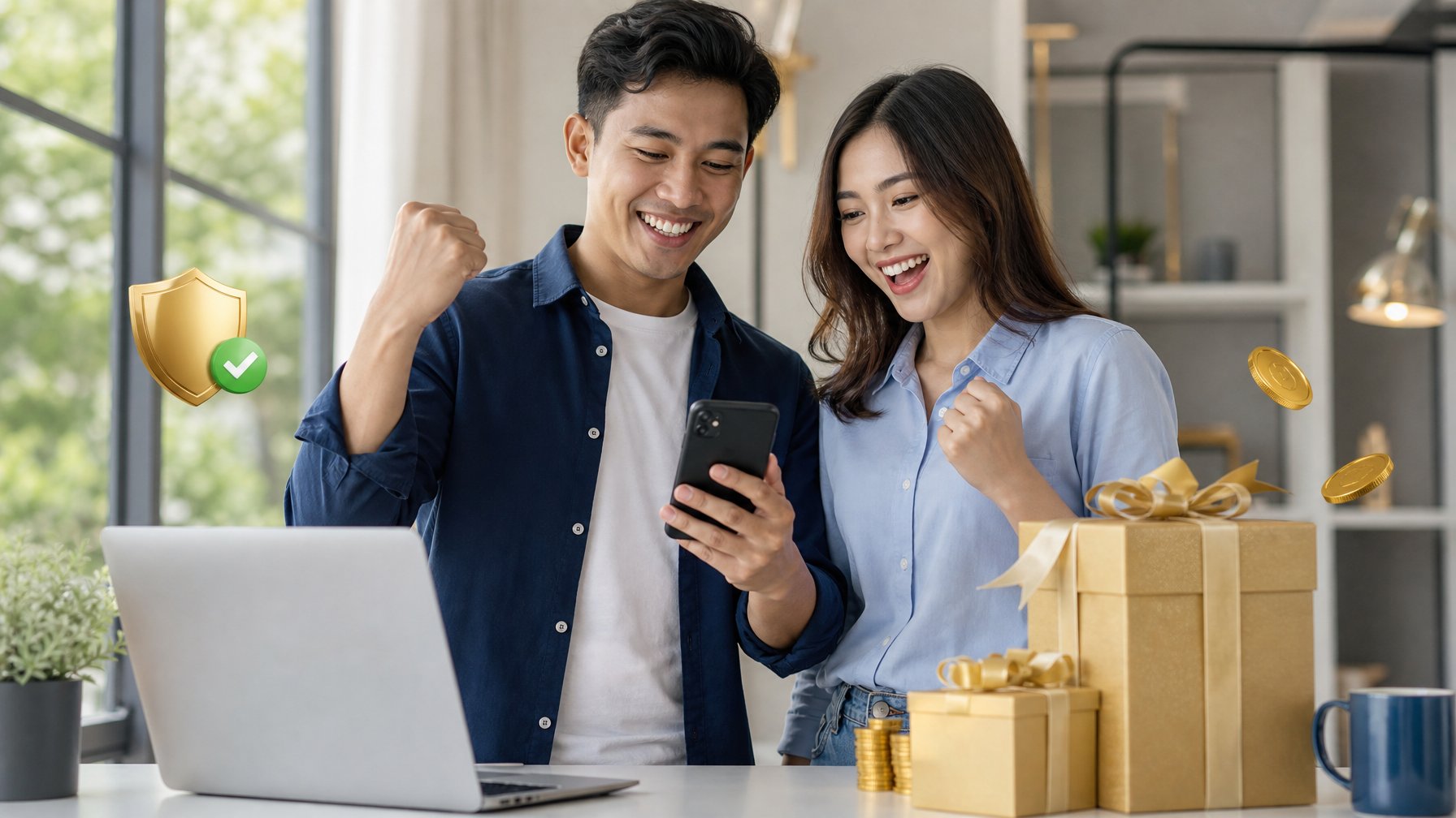 Dua orang dewasa tersenyum di ruang kerja modern dengan laptop, ponsel, kotak hadiah emas, dan simbol keamanan.