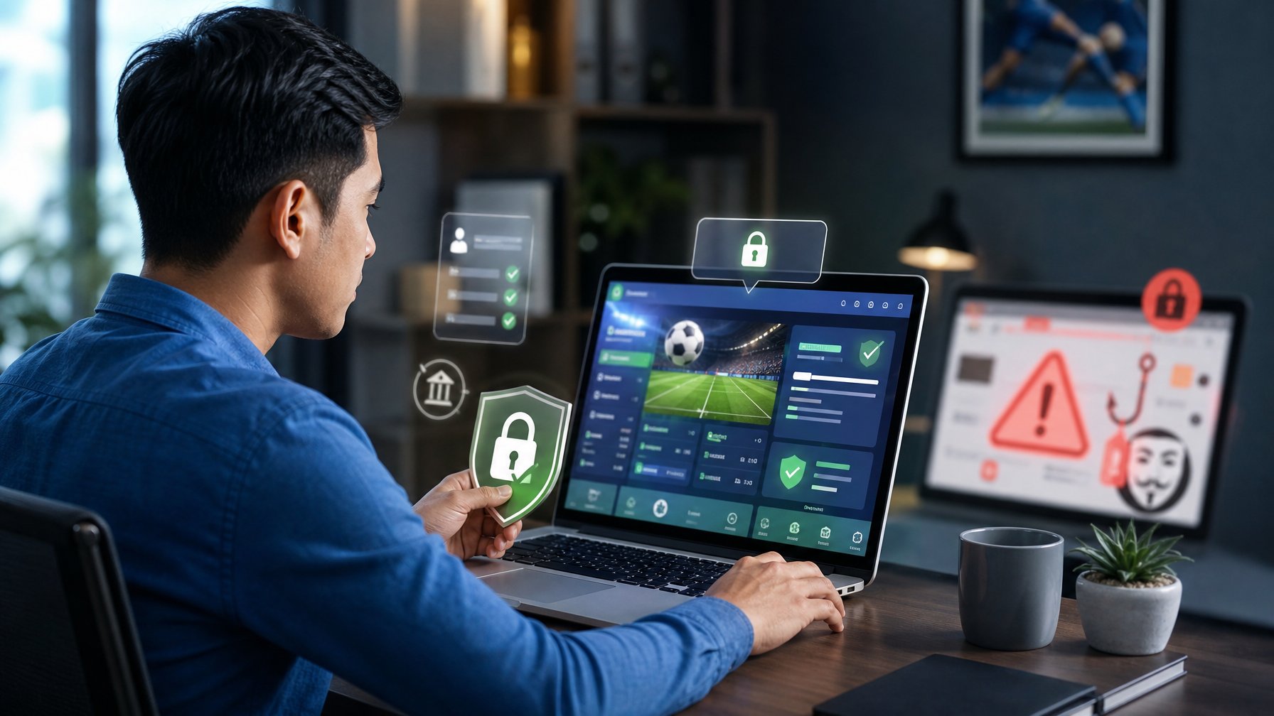 Seseorang memeriksa keamanan platform olahraga resmi di laptop sambil menghindari tanda-tanda penipuan.
