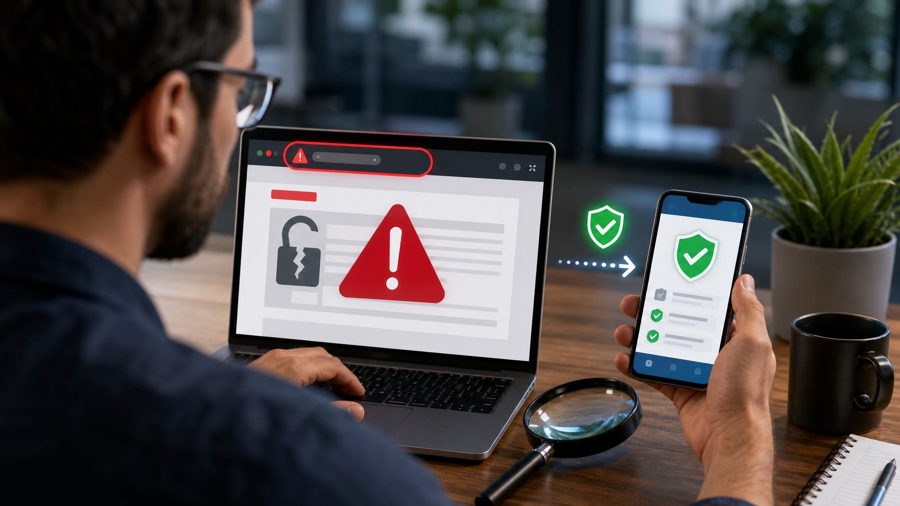 Seseorang memeriksa keamanan situs di laptop dengan perbandingan tanda bahaya dan simbol verifikasi.