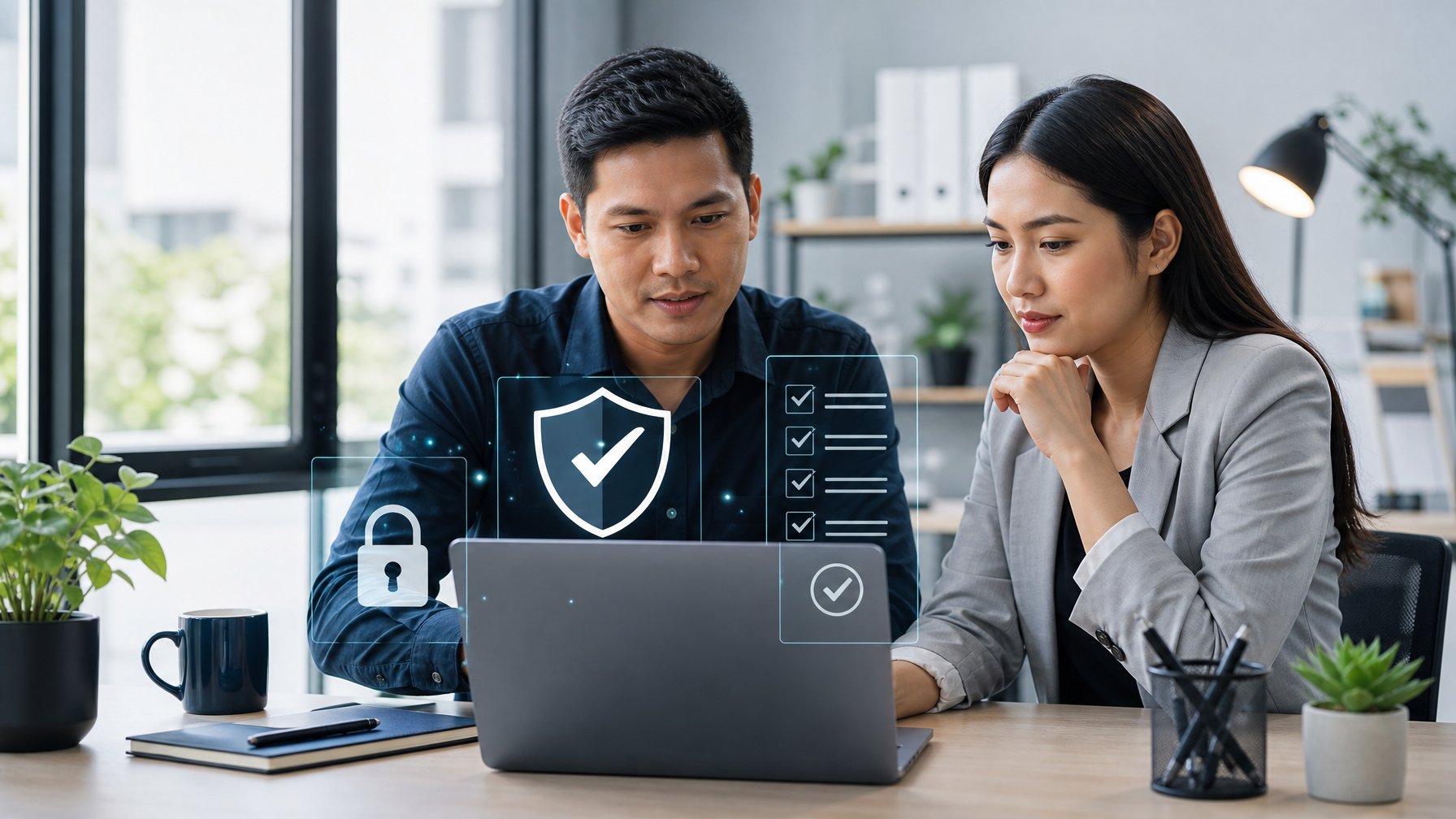Dua profesional memeriksa keamanan sebuah platform digital di laptop dengan simbol perisai dan gembok.